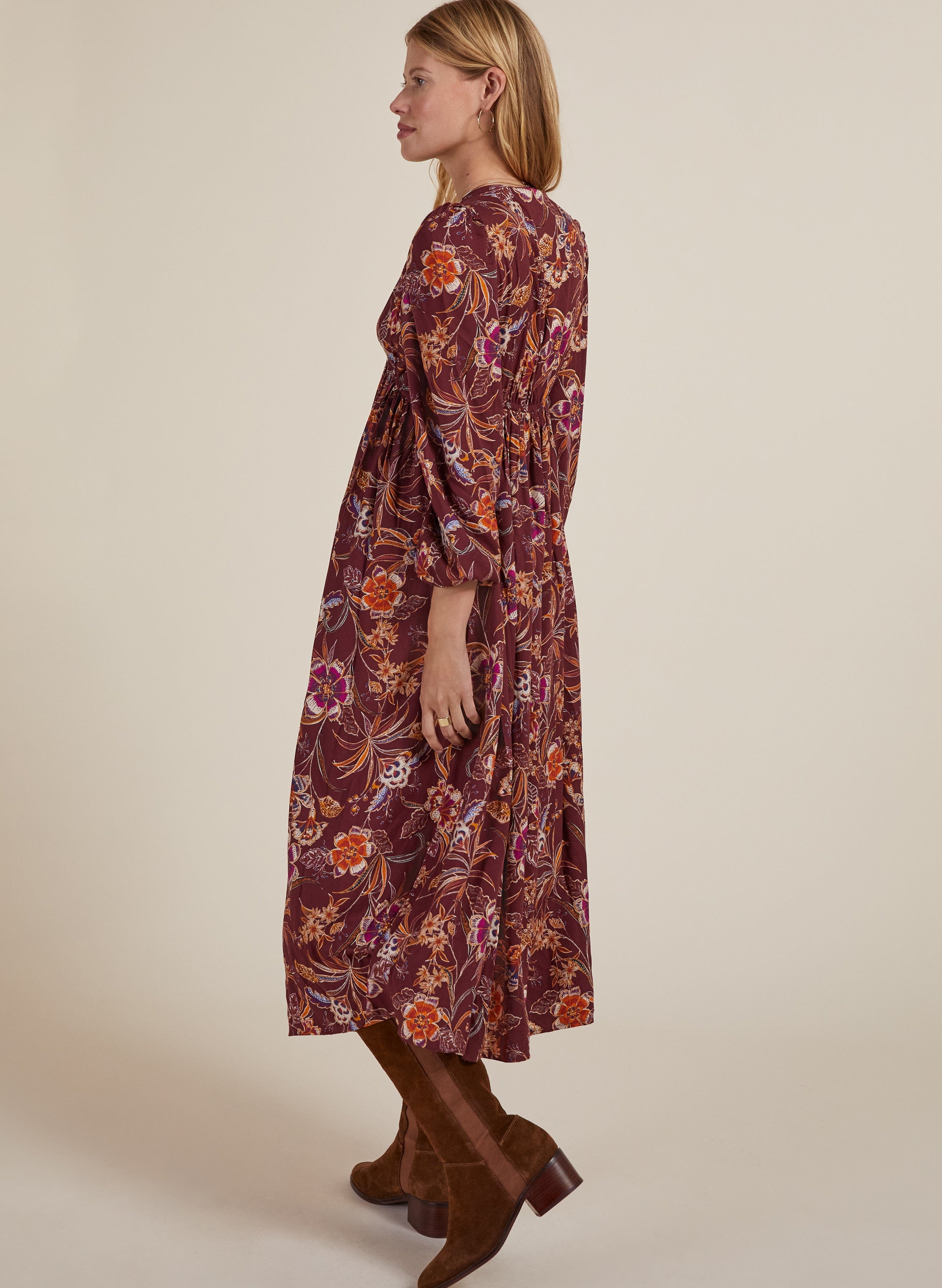 Gwyneth LENZING™ ECOVERO™ V Neck Midi Dress - Garnet Woodland Print Flowy Summer Dress for Women | Perfect for Beach Vacations, Date Nights & Casual Outings