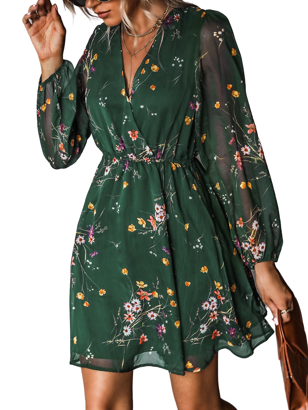 CUPSHE Women's Mini Dress Casual V-Neck Chiffon Long Peasant Sleeve Flowy Summer Dress for Beach, Party & Vacation | Spring & Summer Fashion