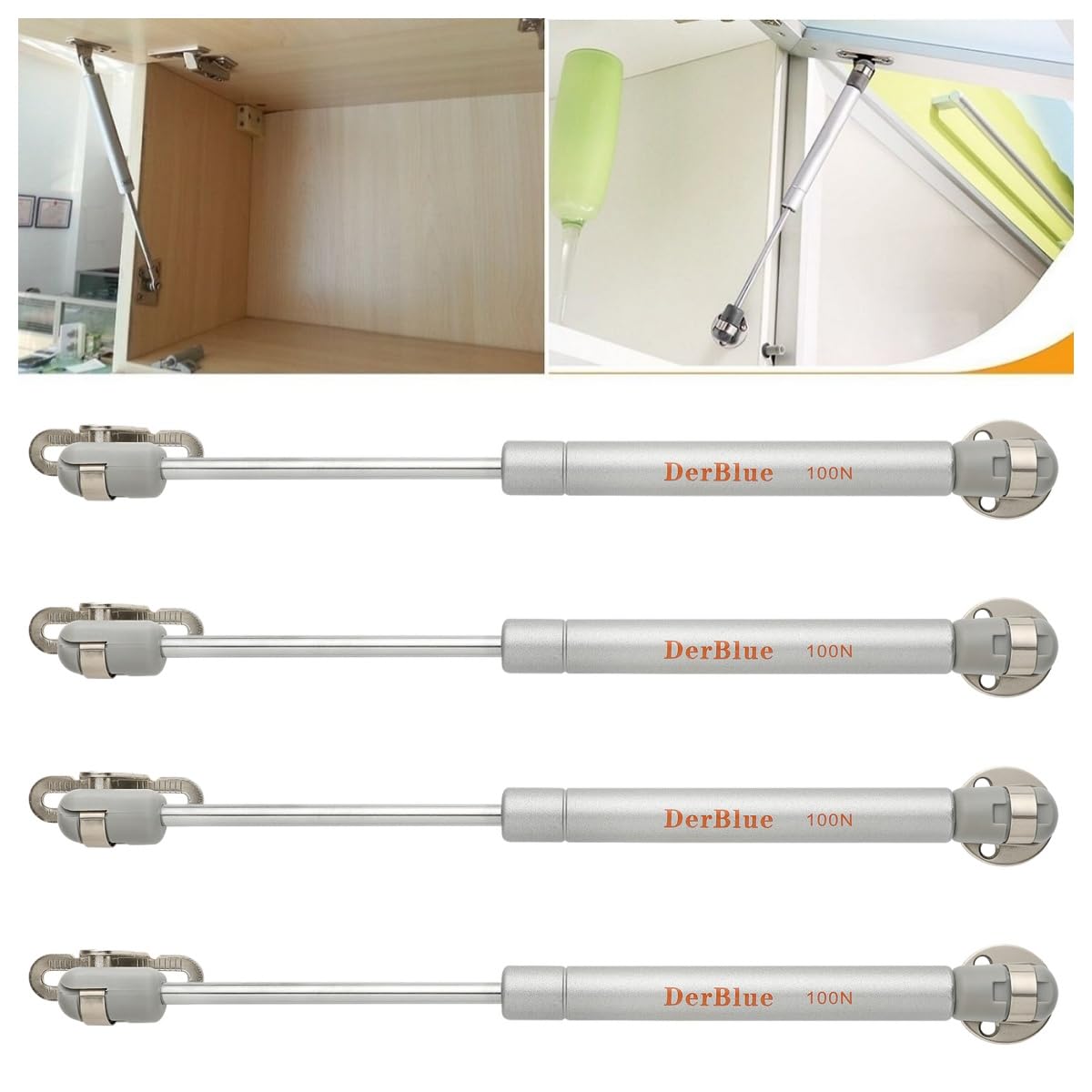 DerBlue 4-Pack 10 Inch 100N/25lb Gas Struts for Cabinets - Heavy Duty Cabinet Shocks & Lift Supports for Smooth Opening & Closing - Perfect for Kitchen, Garage, RV & Office Storage Solutions