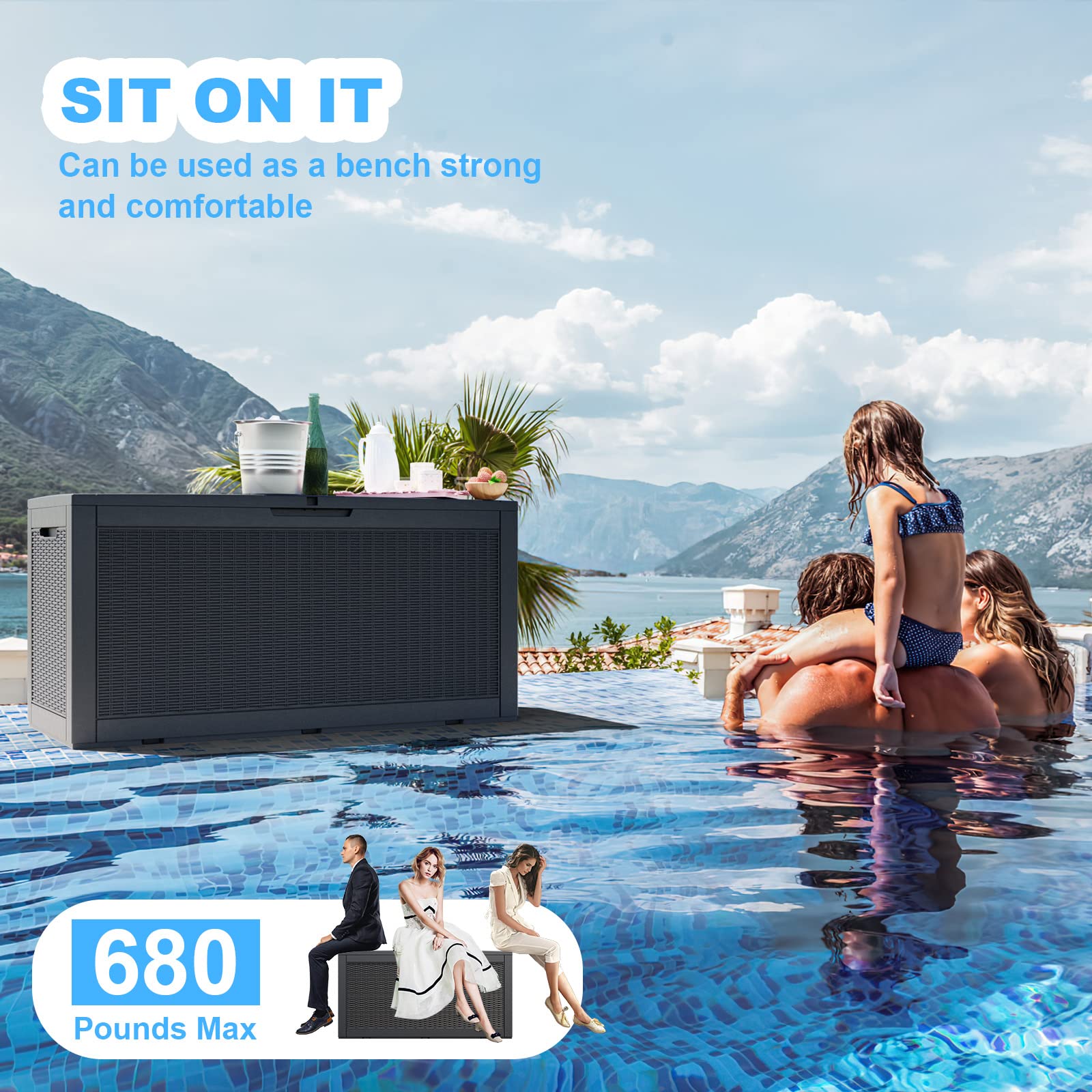 Vixzen 100 Gallon Resin Deck Box - Lockable Outdoor Storage Container for Patio Cushions, Garden Tools & Pool Supplies | Weatherproof & UV Resistant Deck Storage Box | Perfect for Backyard, Patio & Poolside Organization (Black)