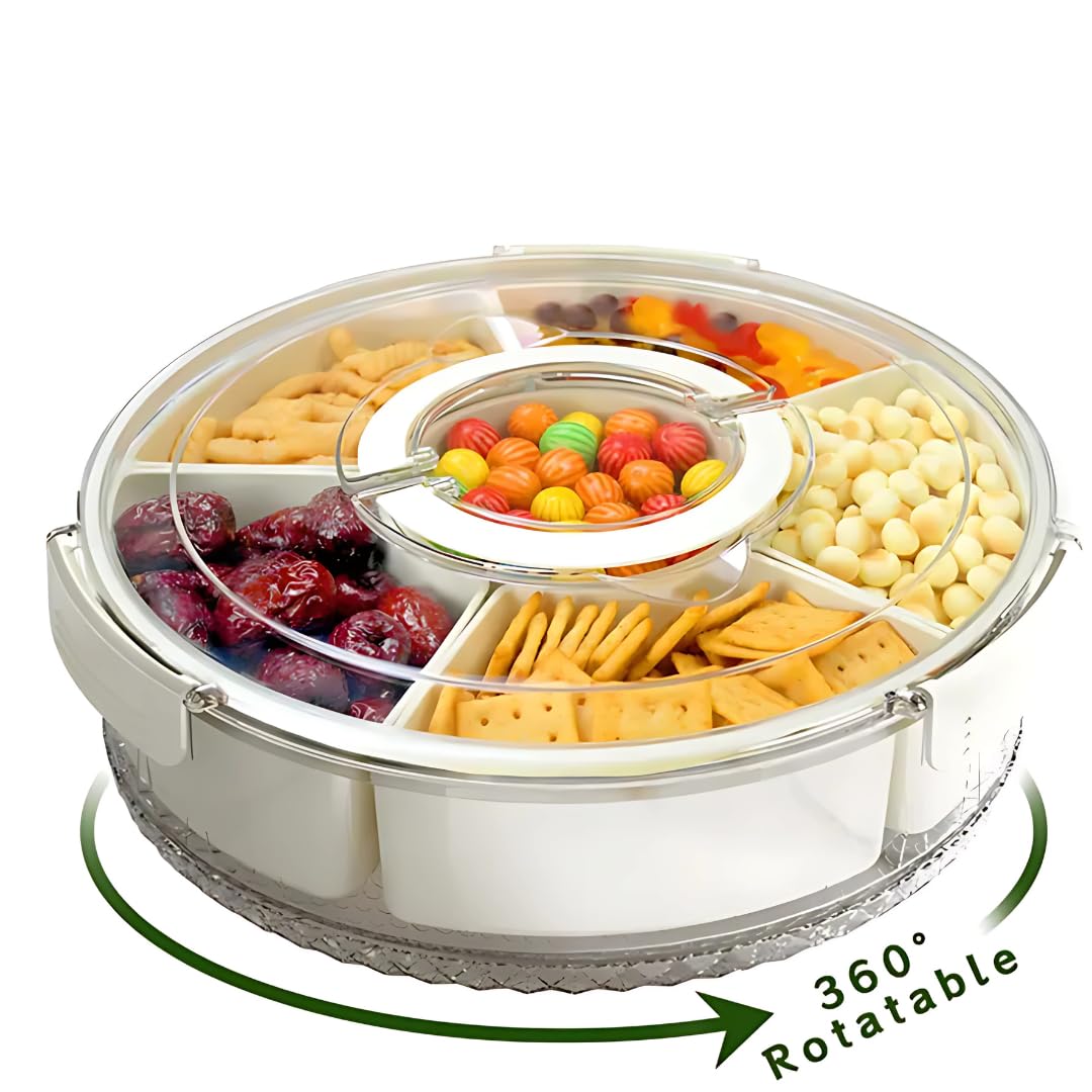 Rotating Snack Box Container - Large Divided Serving Tray with Lid for Kids | Mess-Free Snack Spinner Organizer | Veggie & Fruit Storage Tray for Fridge | Perfect for Parties, School Lunches & Healthy Snacking at Home
