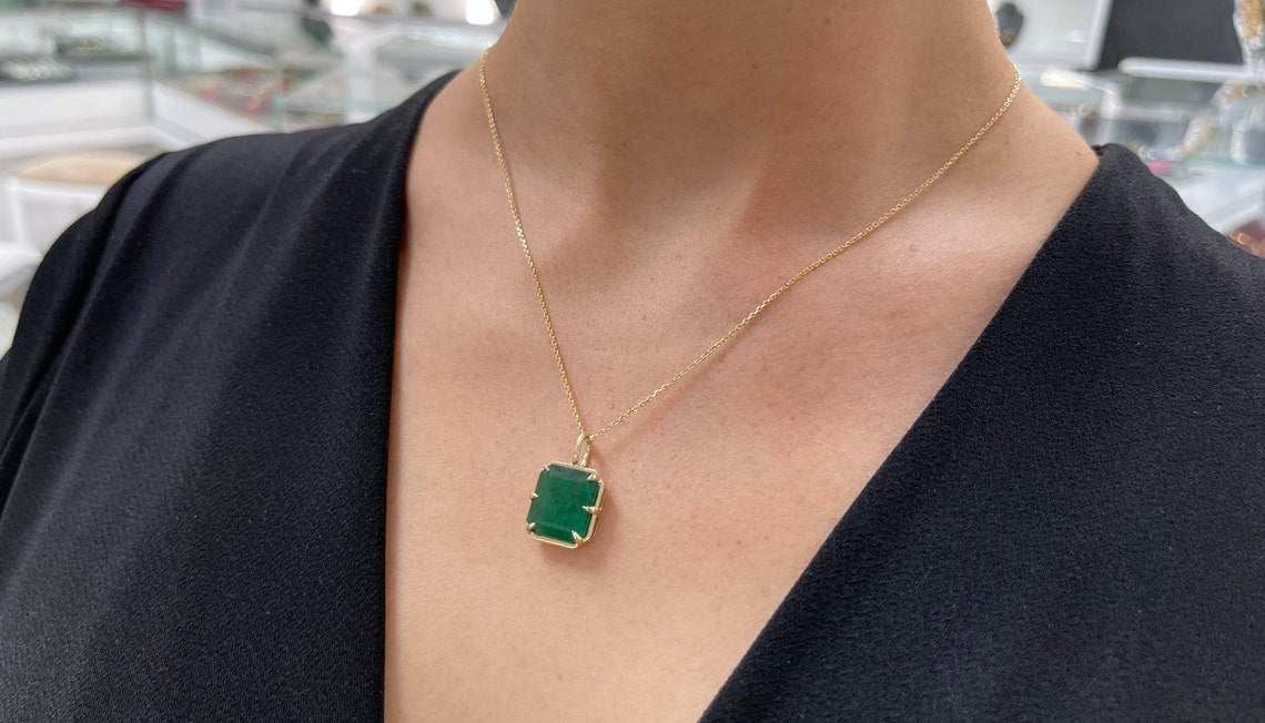 6.30 Carat Natural Dark Green Emerald Georgian Style Solitaire Pendant in 14K Gold - Perfect for Weddings, Anniversaries & Elegant Evening Events