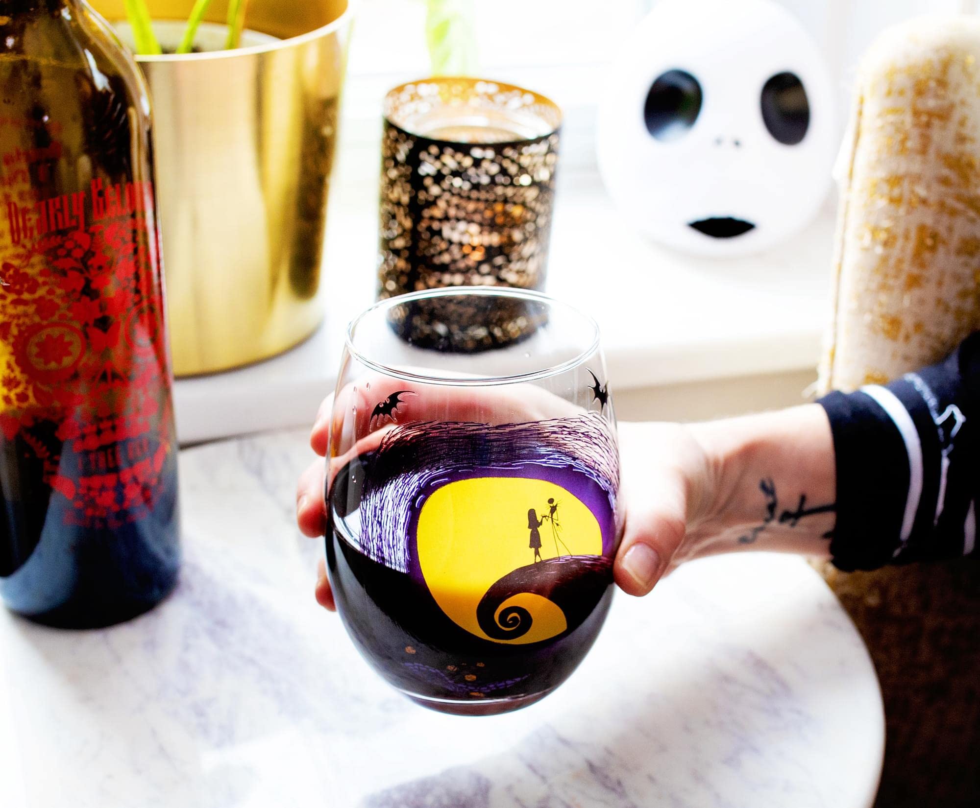 Disney The Nightmare Before Christmas Jack & Sally Spiral Hill Stemless Wine Glass - 20oz Halloween Tumbler for Mimosas, Cocktails & Home Bar Decor - Perfect for Disney Fans, Halloween Parties & Themed Home Accessories