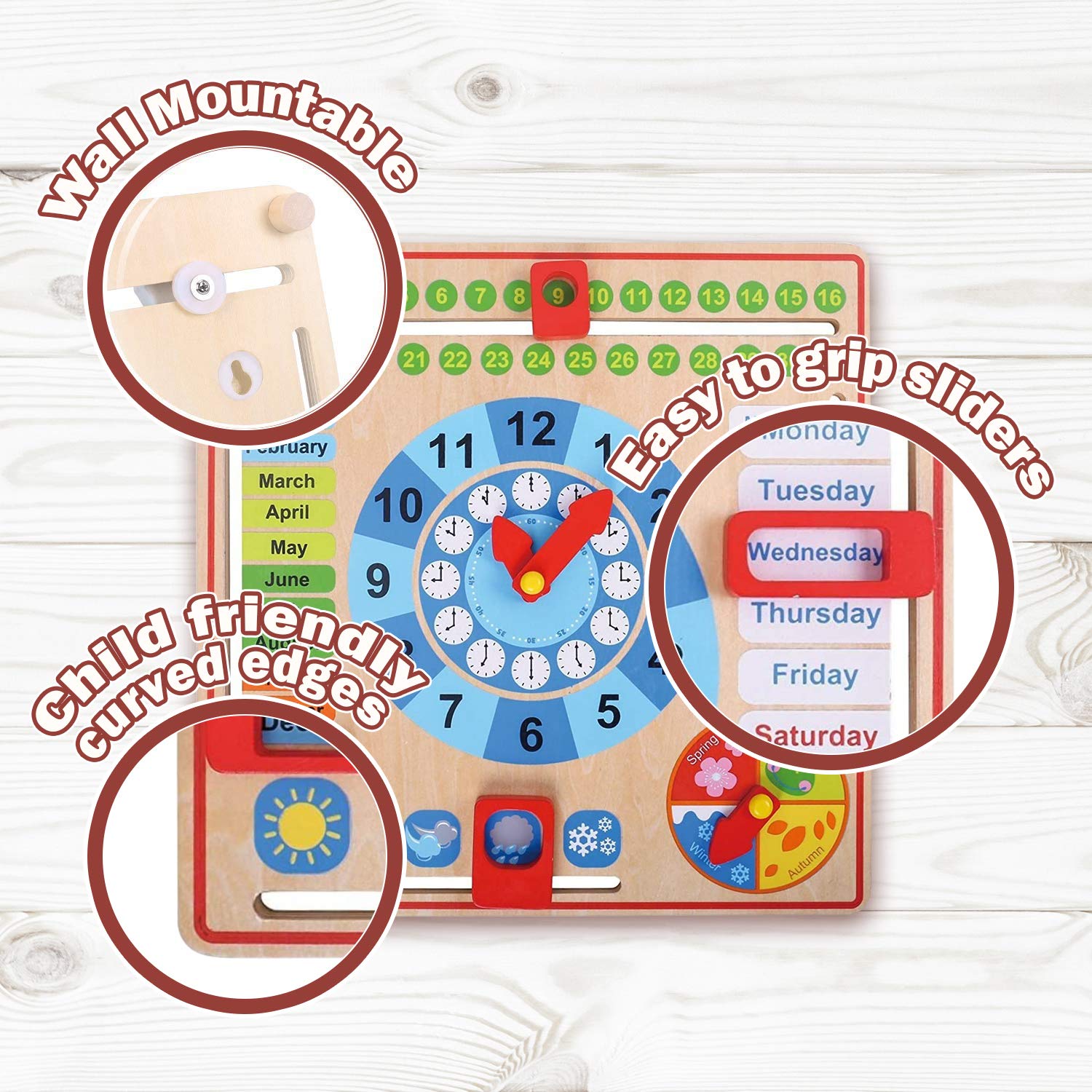 Wooden Montessori Calendar & Learning Clock - Educational Toy for Kids Ages 3+ | Perfect for Daily Routine, Preschool Learning & Homeschool Activities