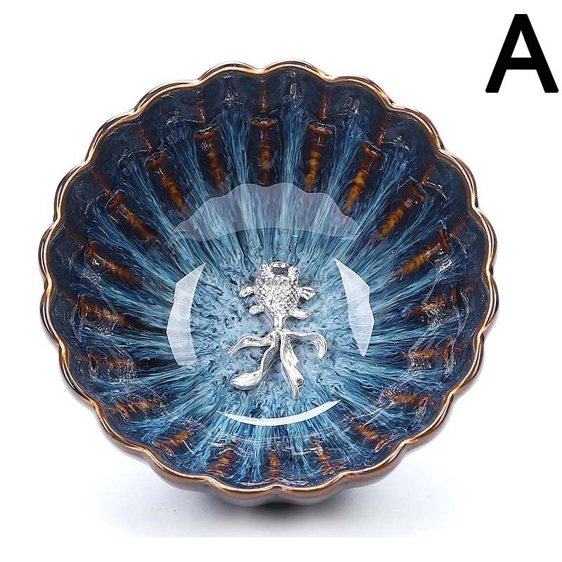 Handmade Jianzhan Blue Glaze Gongfu Tea Cup - Authentic Japanese Style Ceramic Teacup with Sterling Silver Rim - Perfect for Matcha, Green Tea, and Tea Ceremonies