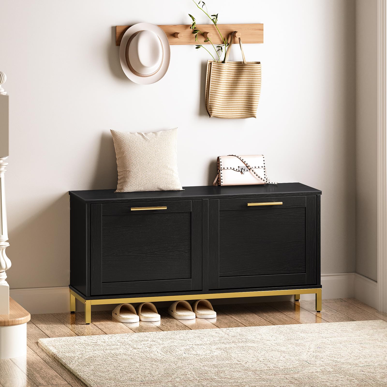 HOOBRO Entryway Shoe Bench with 2 Flip-Up Storage Drawers, Hidden Shoe Cabinet Organizer for Hallway, Foyer & Mudroom - Black & Gold Modern Design (DB48HX01) | Perfect for Small Spaces, Apartment Entryways & Shoe Storage Organization