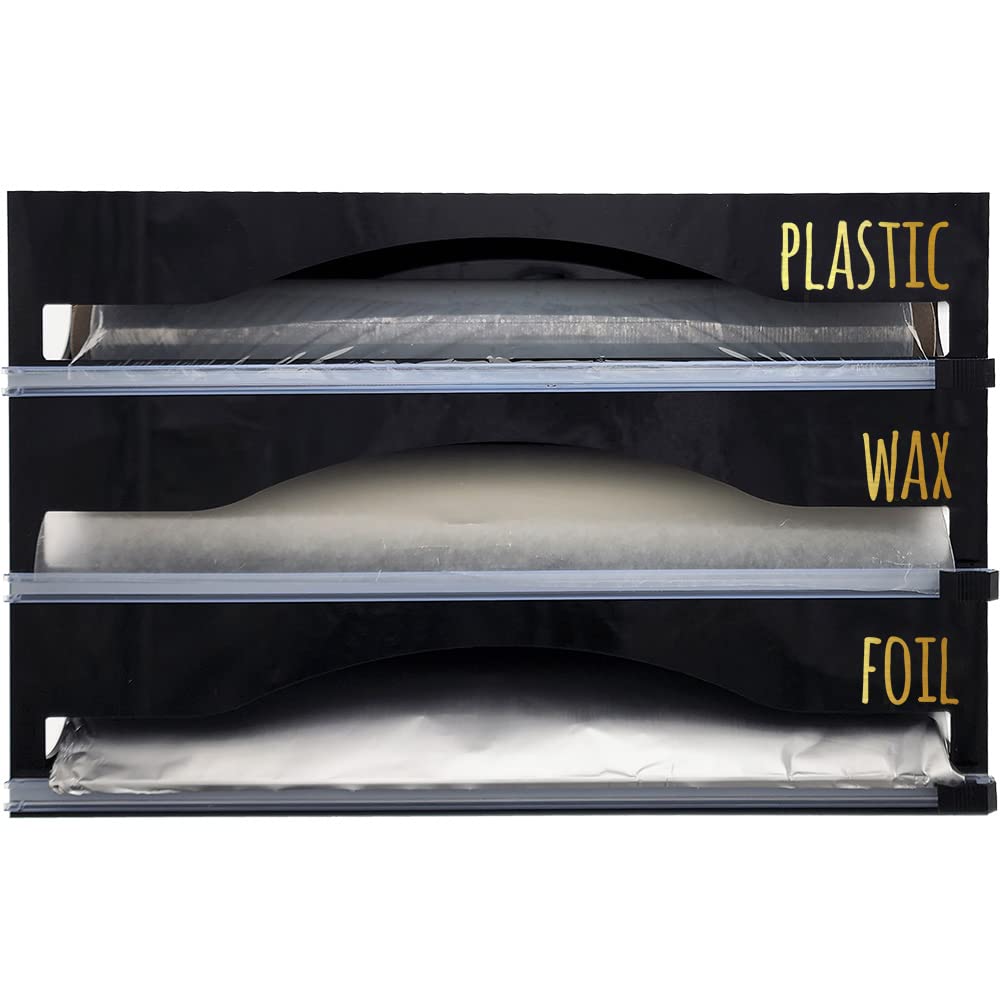 OnDisplay Luxe Acrylic 3-in-1 Plastic Wrap, Wax Paper & Aluminum Foil Dispenser - Wall Mountable or Drawer Organizer (Black) - Perfect for Kitchen Countertop, Pantry & Food Storage Organization