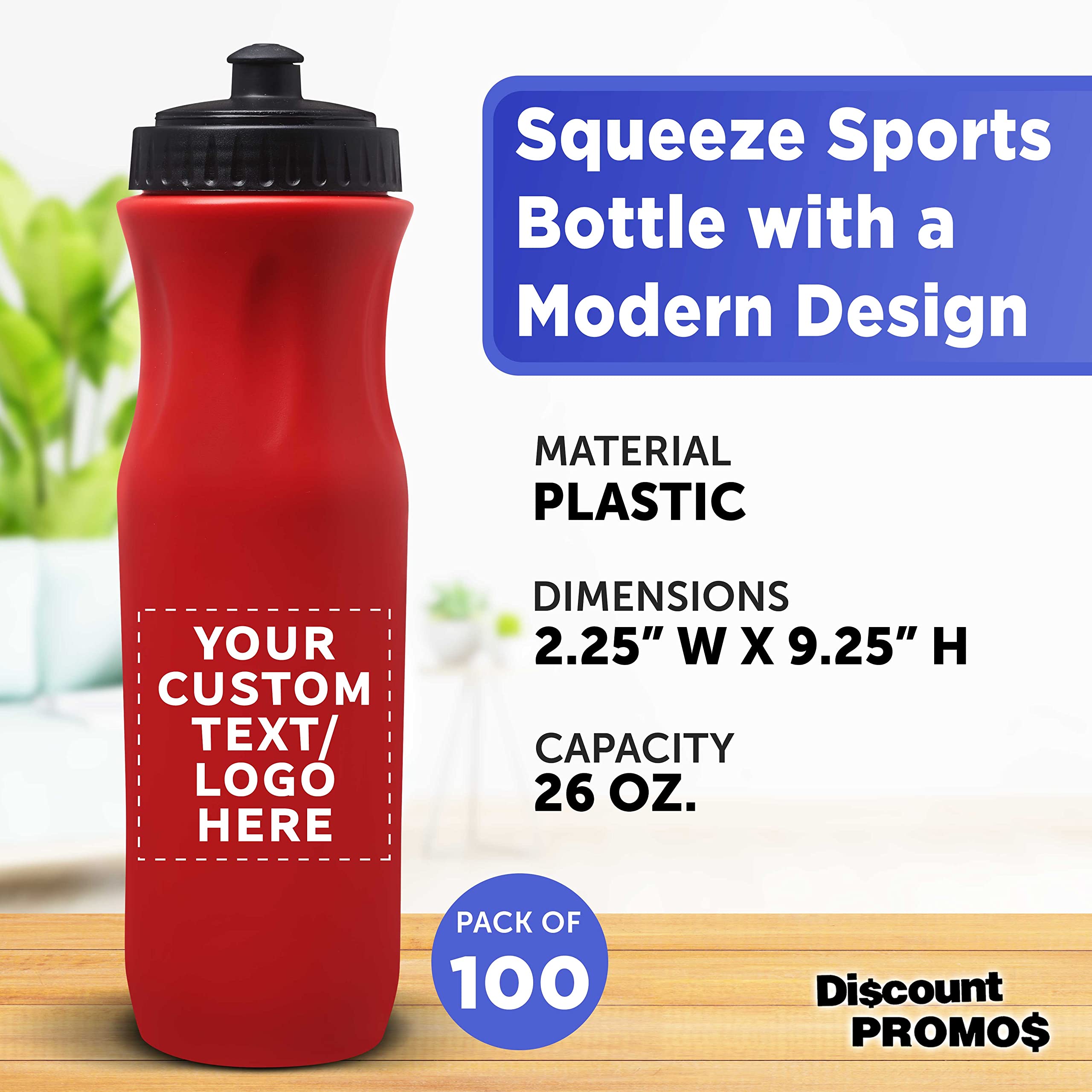 100 Pack 26 oz Plastic Water Bottles with Black Push Top Lid - Custom Text & Logo Printing - Bulk Reusable Water Bottles for Sports, Gym, School, and Outdoor Activities - Red