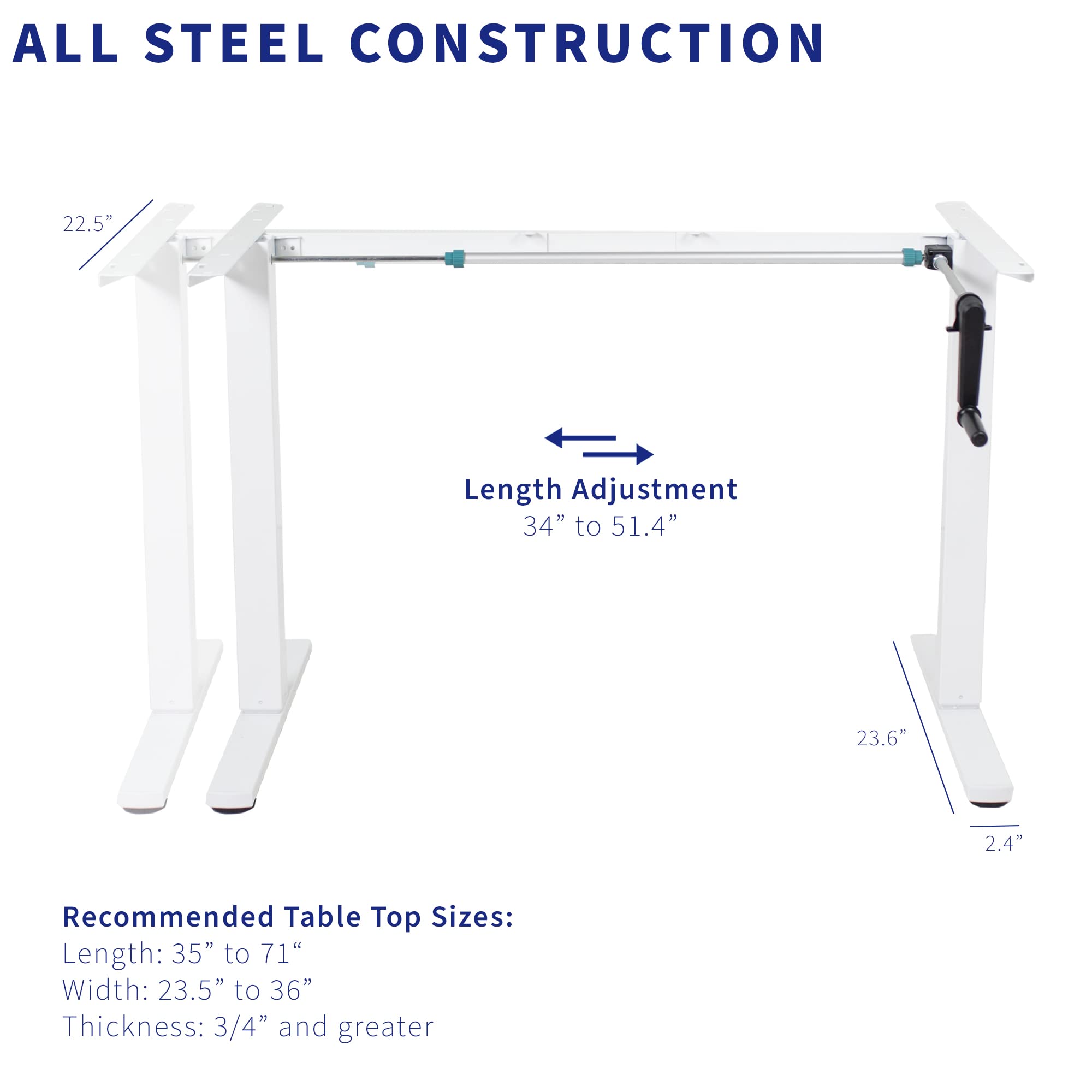 VIVO Compact Hand Crank Standing Desk Frame for 35-71 Inch Table Tops - Ergonomic Height Adjustable Base with Foldable Handle, White (DESK-M051MW) - Perfect for Home Office, Study & Workspace