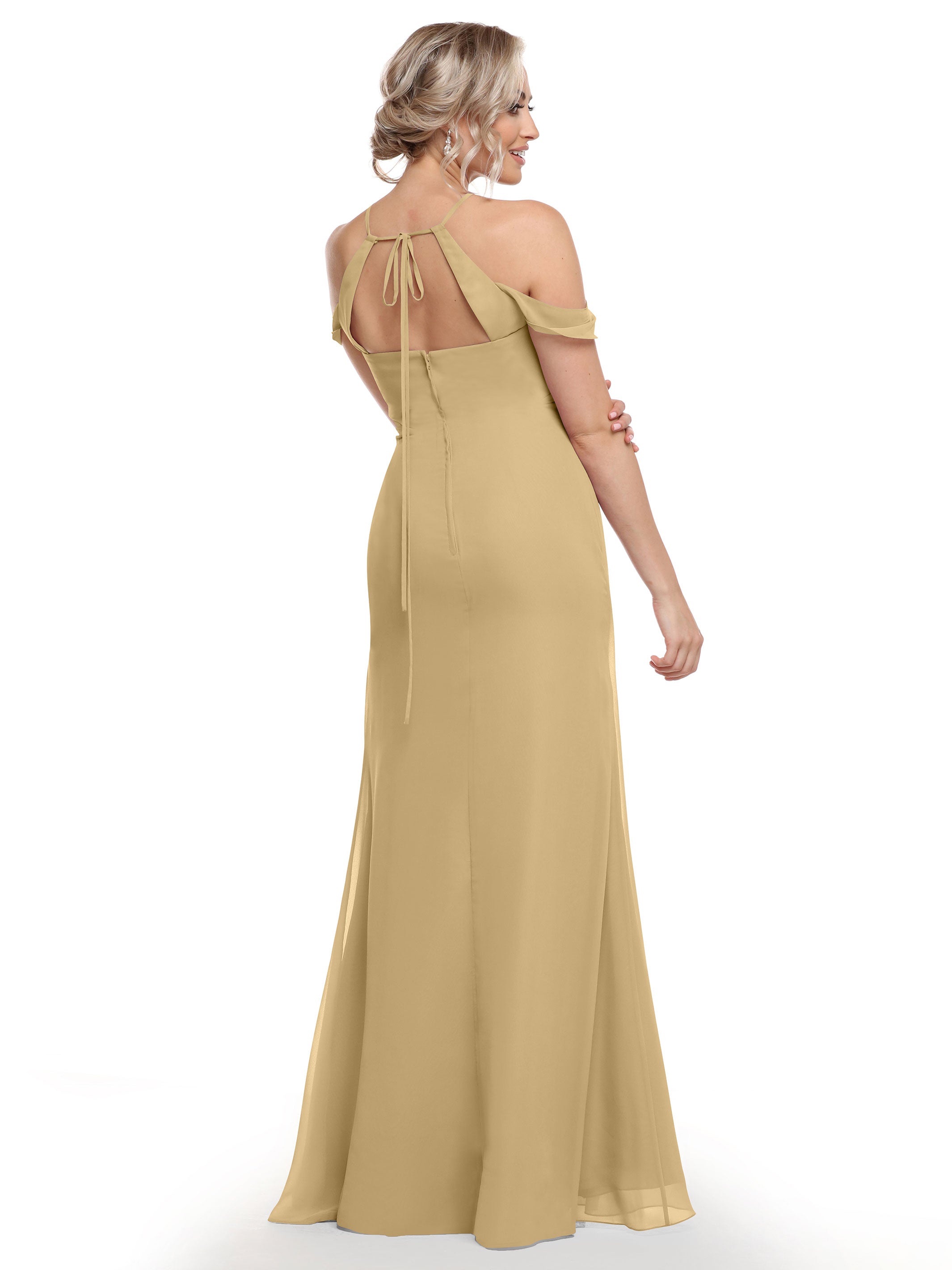 Elegant Off The Shoulder Chiffon Bridesmaid Dress with Halter Neckline - Perfect for Weddings, Formal Events & Special Occasions