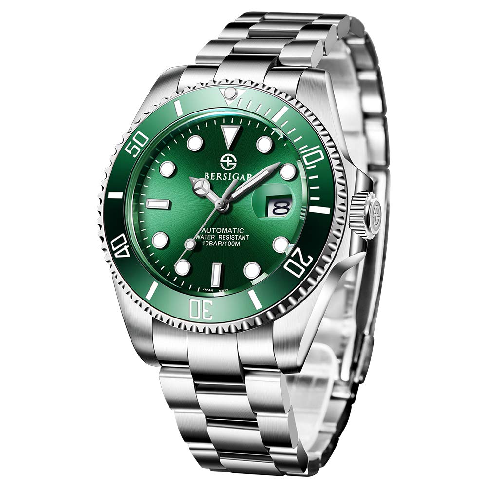 BERSIGAR Automatic Diver Watch for Men - 10ATM Waterproof, Date Display, Scratch-Resistant Stainless Steel Band - Sporty & Classic Design for Business, Casual & Outdoor Activities