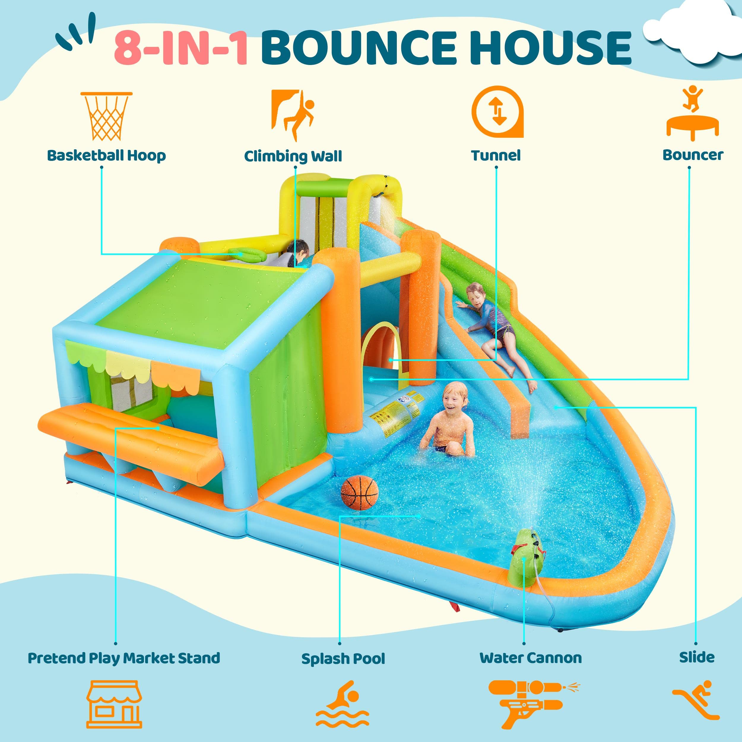 Yaheetech Inflatable Bounce House for Kids Ages 3-10 - Water Bouncer Castle with Splash Pool, Toy Market Stand, Slide & Climbing Wall | Includes 520W Blower & Storage Bag | Perfect for Outdoor Backyard Parties, Birthday Celebrations & Summer Water Play