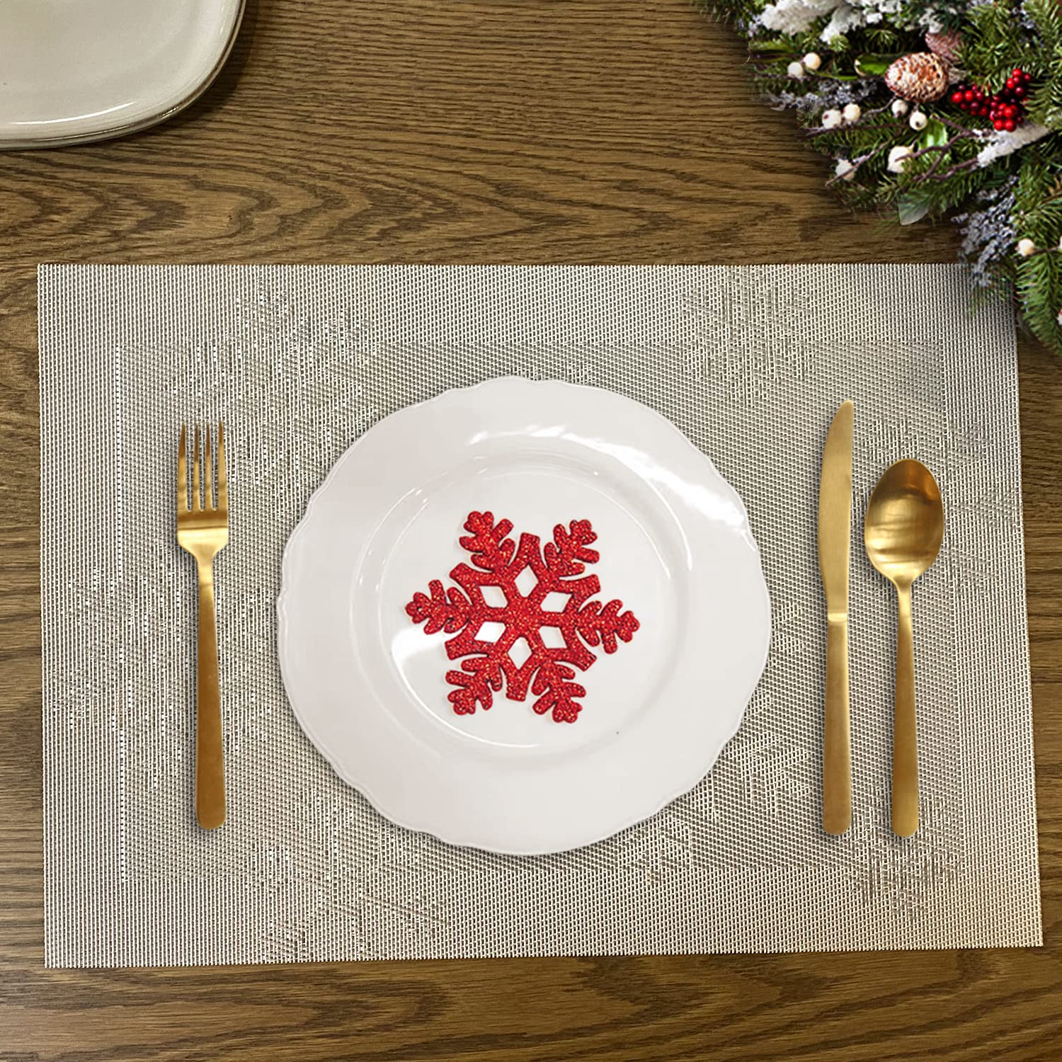 6-Piece Christmas Placemats Set - Woven Vinyl Non-Slip Washable Table Mats for Kitchen Dining, Anti-Skid Holiday Decor (Snow Silver) | Perfect for Festive Dinner Parties & Family Gatherings