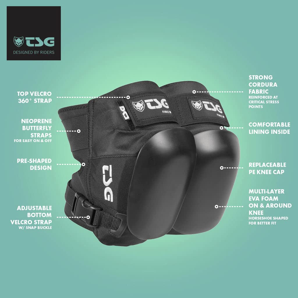 TSG Force III Knee Pads - Certified Skateboard Protective Gear with Hardshell & EVA Foam for Adults | Replaceable PE Cap, Tear-Resistant Nylon & Open Back Design | Ideal for Skateboarding, Rollerblading, BMX & Extreme Sports Safety