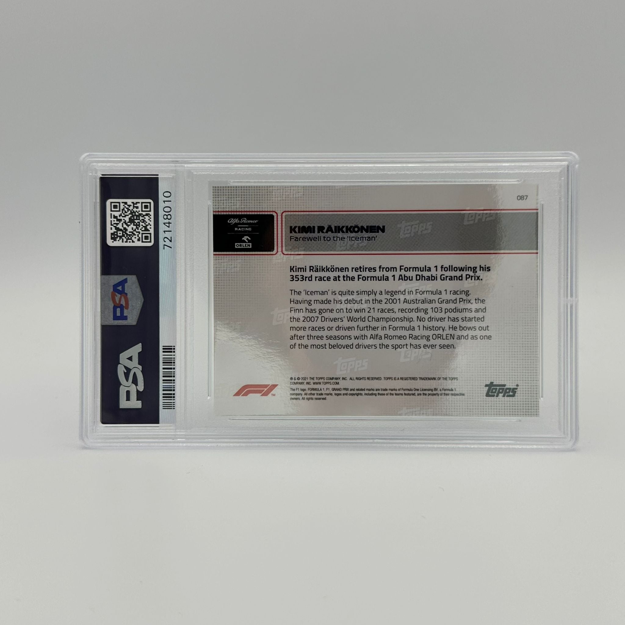 PSA 10 Graded 2009 Kimi Raikkonen Farewell to the Iceman #87 Racing Card - Perfect for F1 Collectors, Sports Memorabilia Displays & Investment Collections