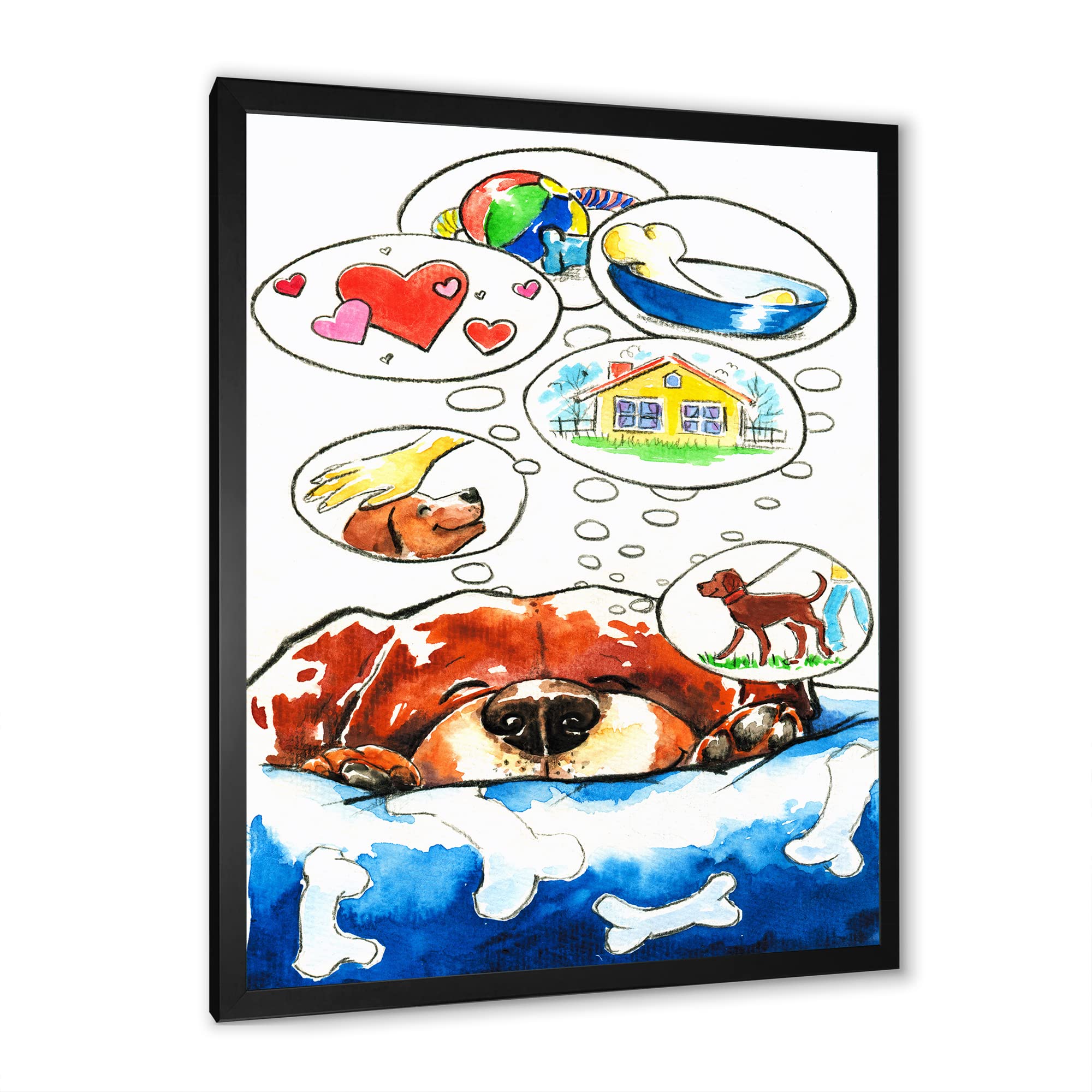 DesignQ Dog Dreams Framed Wall Art for Kids - Playroom & Nursery Decor, Animal Themed Children's Bedroom Painting