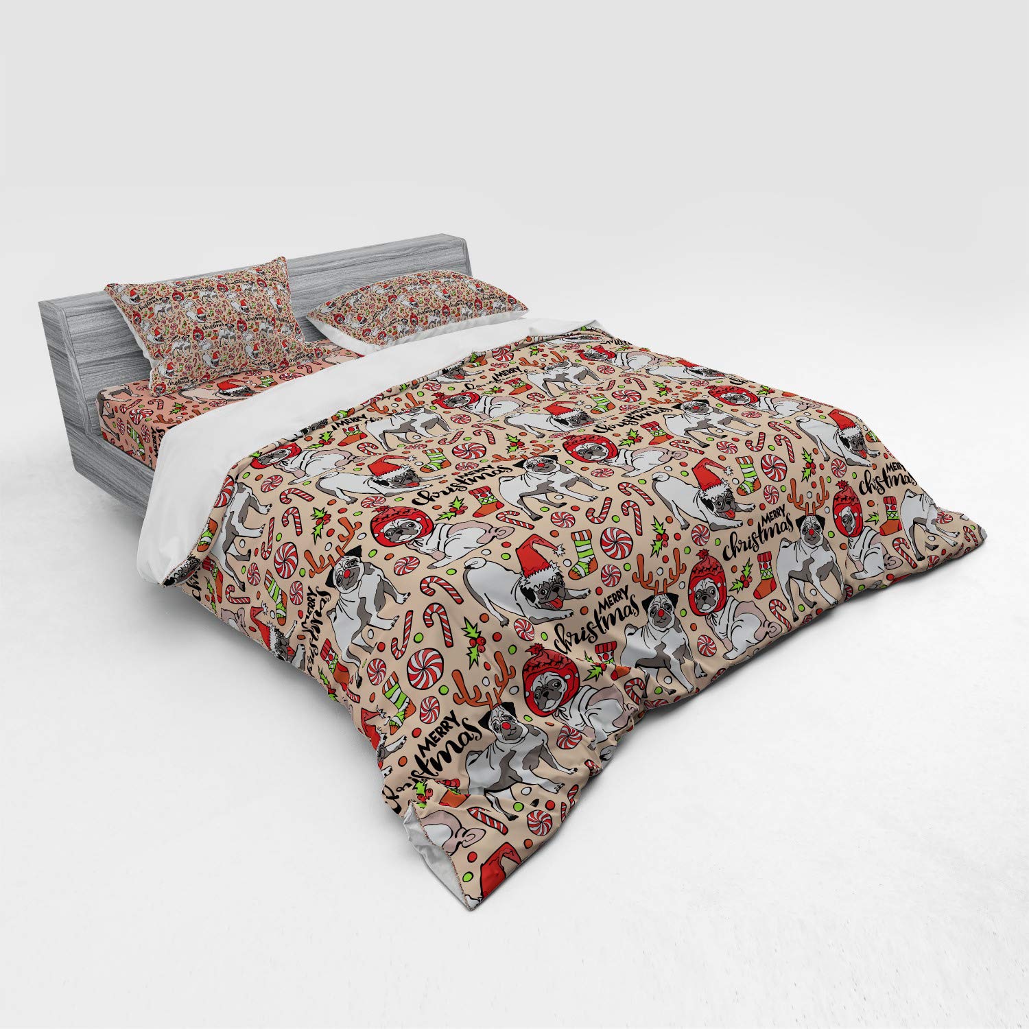 Ambesonne Pug Christmas Duvet Cover Set - 4 Piece King Size Dog Themed Bedding with Shams & Fitted Sheet in Rose Red & Green - Funny Holiday Design with Pugs Wearing Antlers & Candy Cones - Perfect for Festive Bedroom Decor & Christmas Gift Giving