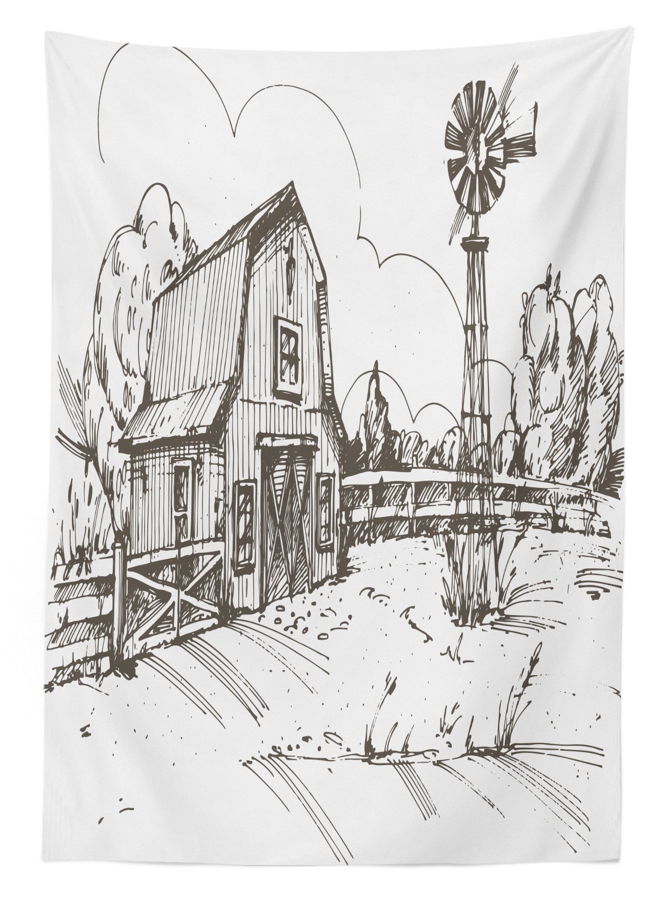 Ambesonne Windmill Outdoor Tablecloth - Rustic Farmhouse Design, Hand-Drawn Country Meadow Illustration, Washable Picnic Table Cover 58x120 Inches - Perfect for Backyard BBQs, Garden Parties & Outdoor Dining (Dark Brown/White)