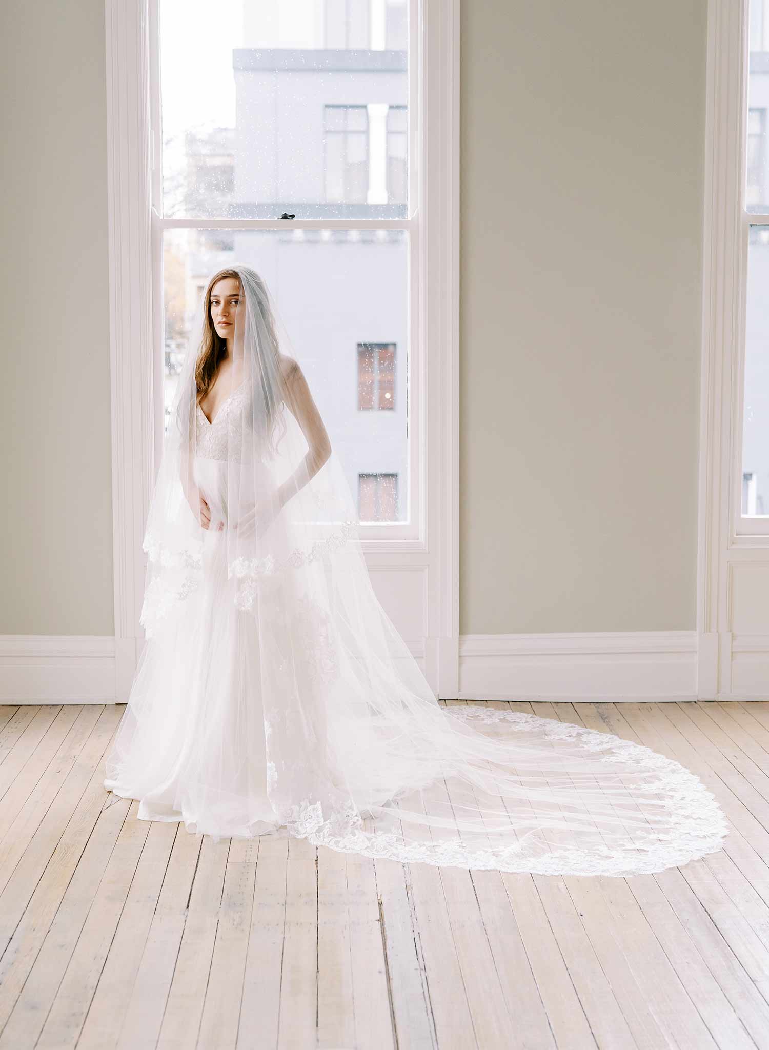 Elegant French Lace Wedding Veil with Blusher - Style #2459 | Perfect for Bridal Ceremonies, Photoshoots & Romantic Occasions
