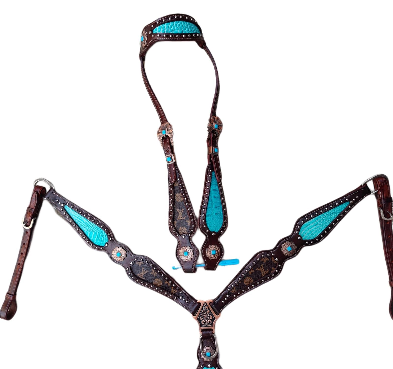 Turquoise & Brown Western Horse Tack Set - Durable Leather Bridle, Saddle & Reins for Trail Riding & Rodeo Events