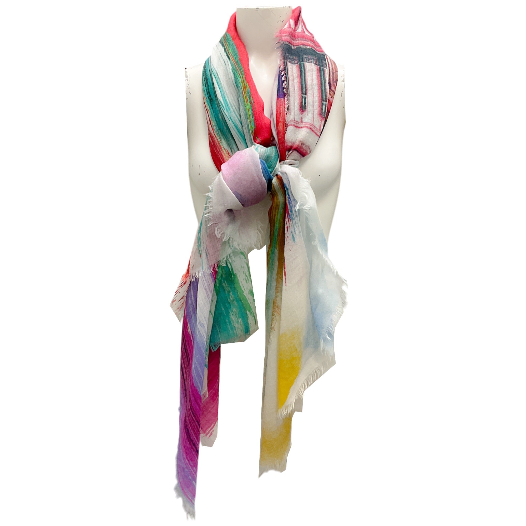 Chanel Multi Printed Fringed Large Sheer Scarf - Luxury Fashion Accessory for Women, Elegant Shawl Wrap for Parties, Weddings & Evening Events