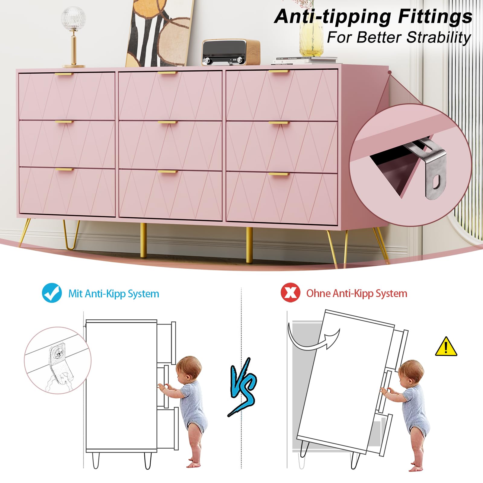 Anbuy 9-Drawer Dresser & 2-Nightstand Set - 3-Piece Bedroom Furniture Combo in Pink | Modern Storage Solution for Master Bedroom, Guest Room & Dorm Organization