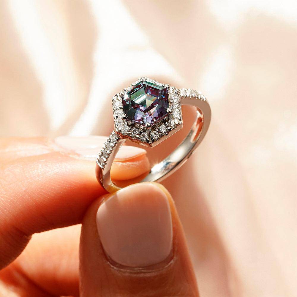 1.5 CT Hexagon Cut Alexandrite & Moissanite Halo Engagement Ring for Women - Vintage Style Wedding Band, Anniversary Gift, Proposal Jewelry (Perfect for Bridal, Valentine's Day & Special Occasions)