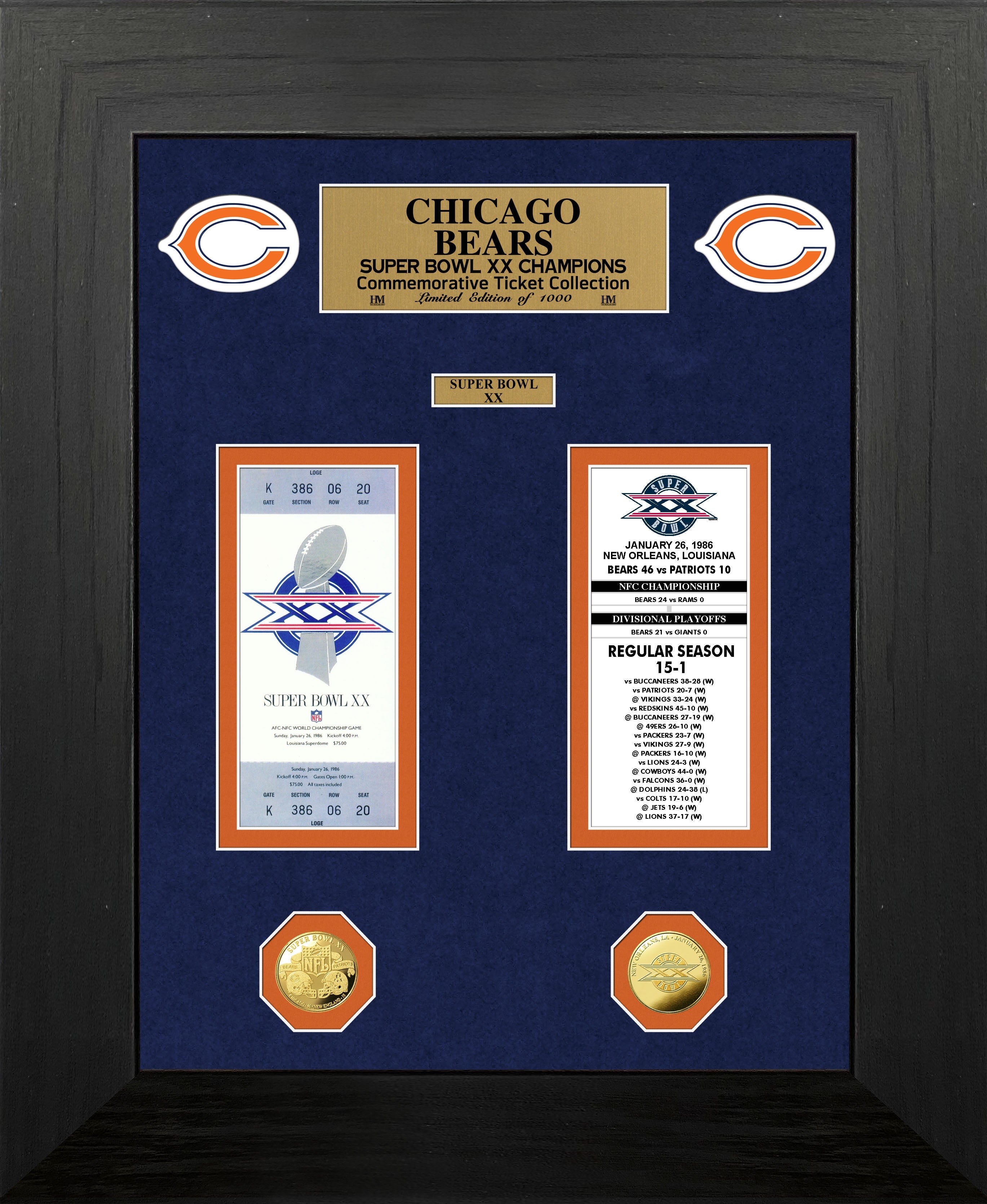 Chicago Bears Super Bowl Memorabilia - Framed Ticket and Game Coin Collection Set for NFL Fans | Perfect for Man Cave, Sports Bar, and Gift Ideas