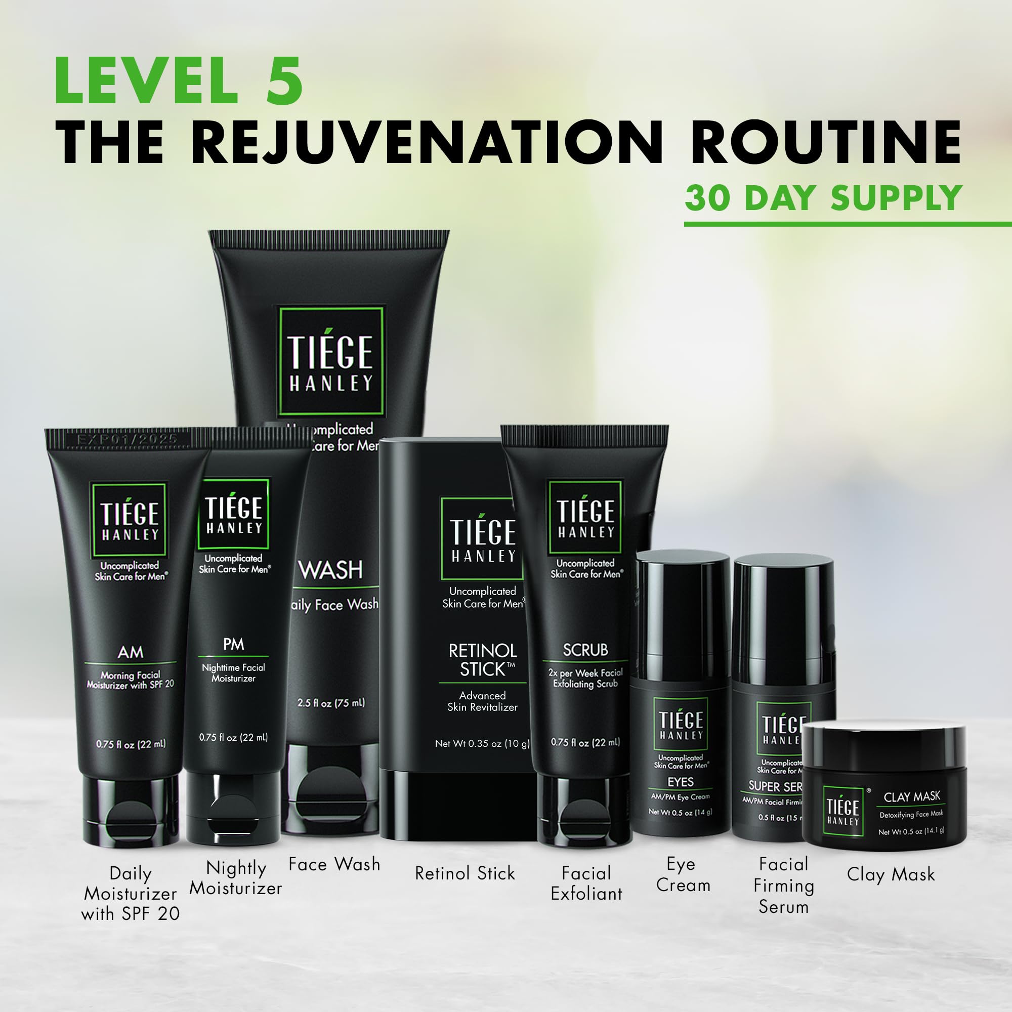 Tiege Hanley Men’s Anti-Aging Skin Care Set - Level 5 System with Face Wash, Scrub, Moisturizer, Eye Cream, Serum & Clay Mask | Complete Rejuvenation Routine for Younger Looking Skin | Perfect for Daily Skincare & Nighttime Routine