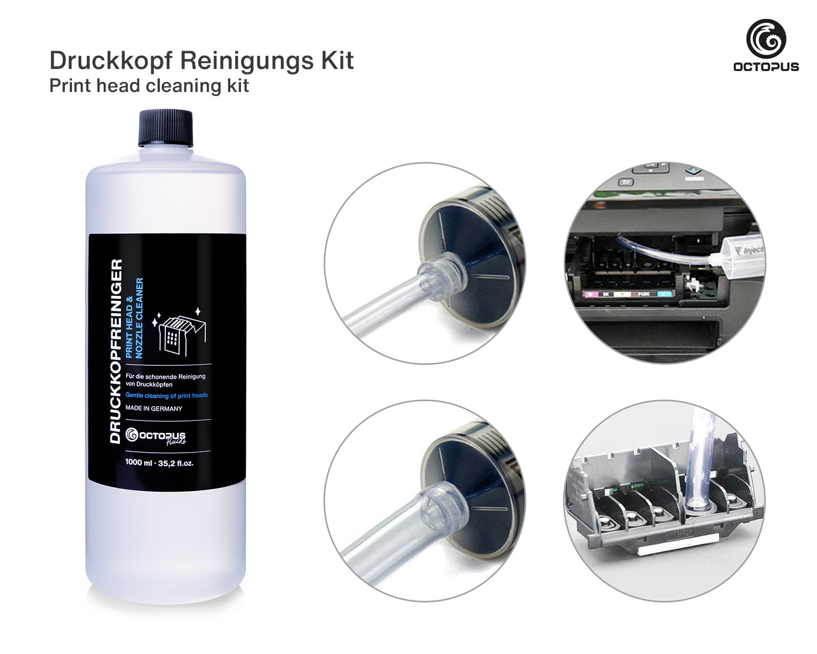 Octopus Nozzle Cleaner for Canon Pixma Print Heads - 1000ml Print Head Cleaning Solution with Hose Adapters | Compatible with Canon Inkjet Printers | Perfect for Home & Office Printer Maintenance
