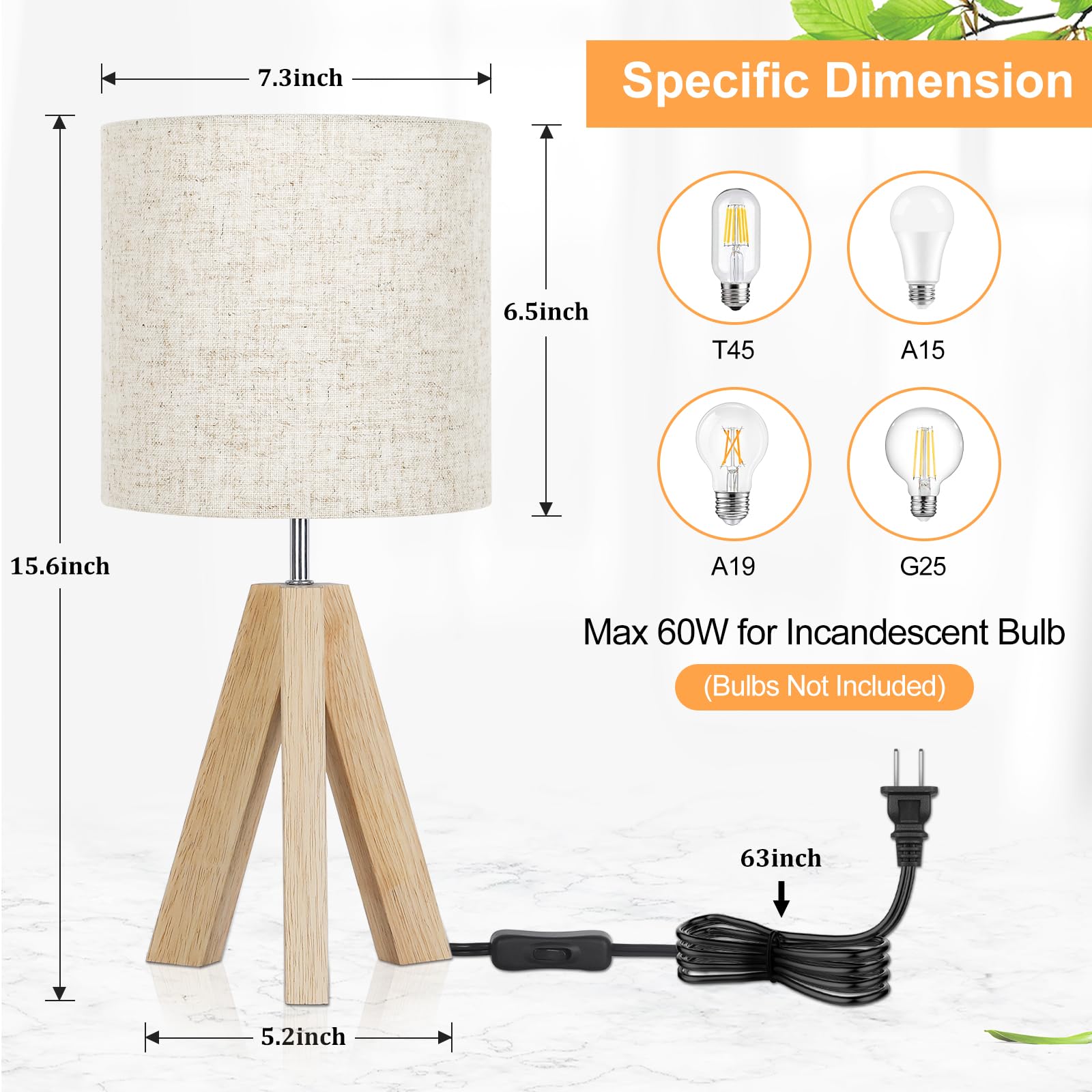 Modern Wooden Tripod Table Lamp with Linen Shade - Small Boho Nightstand Lamp for Bedroom, Living Room, Nursery, Office & Dorm (Bulb Not Included) | Perfect for Reading, Relaxing & Creating Cozy Ambiance