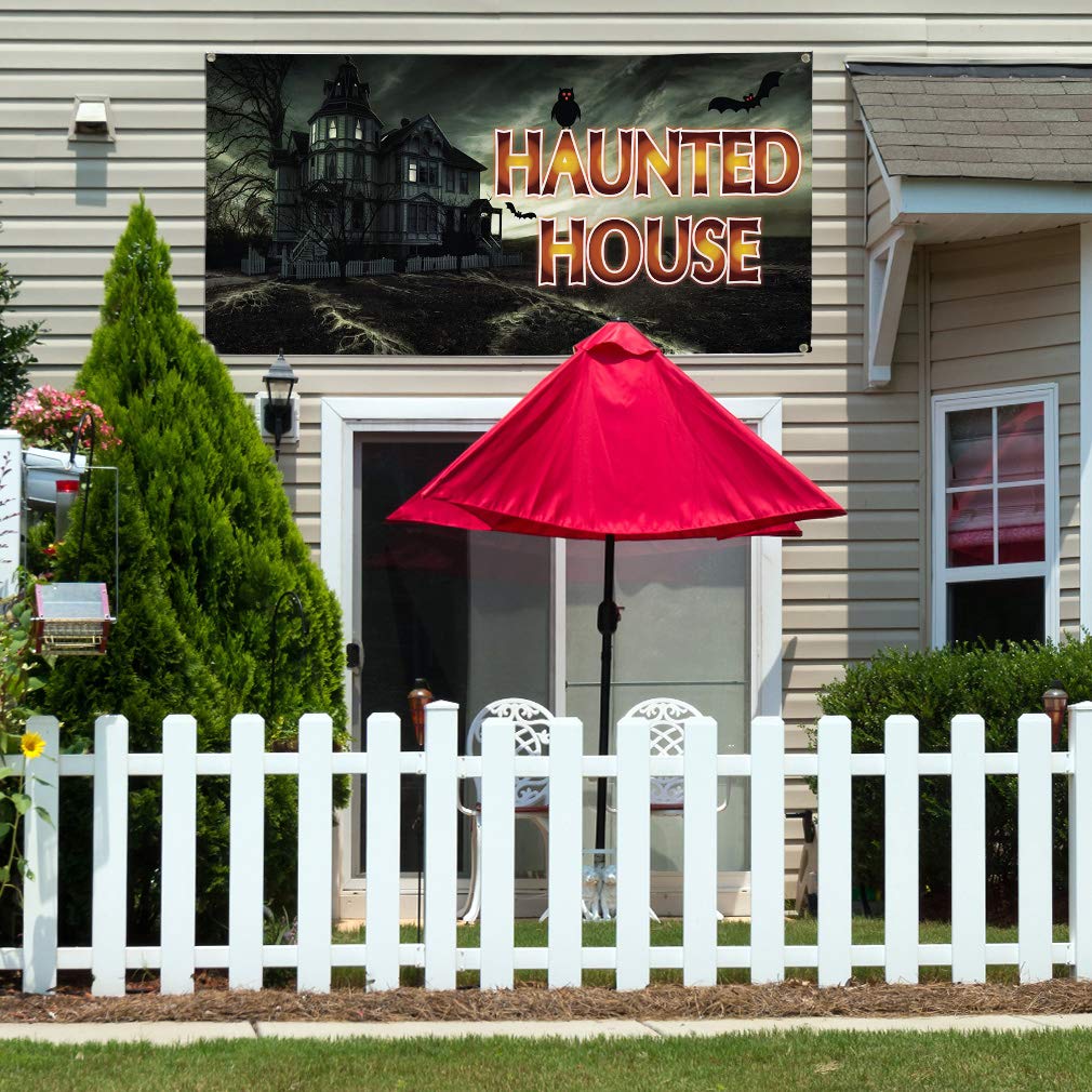 Haunted House Vinyl Banner - Weatherproof Outdoor Business Sign with 10 Grommets (60x144 Inches) - Perfect for Halloween Decorations, Yard Signs & Industrial Advertising