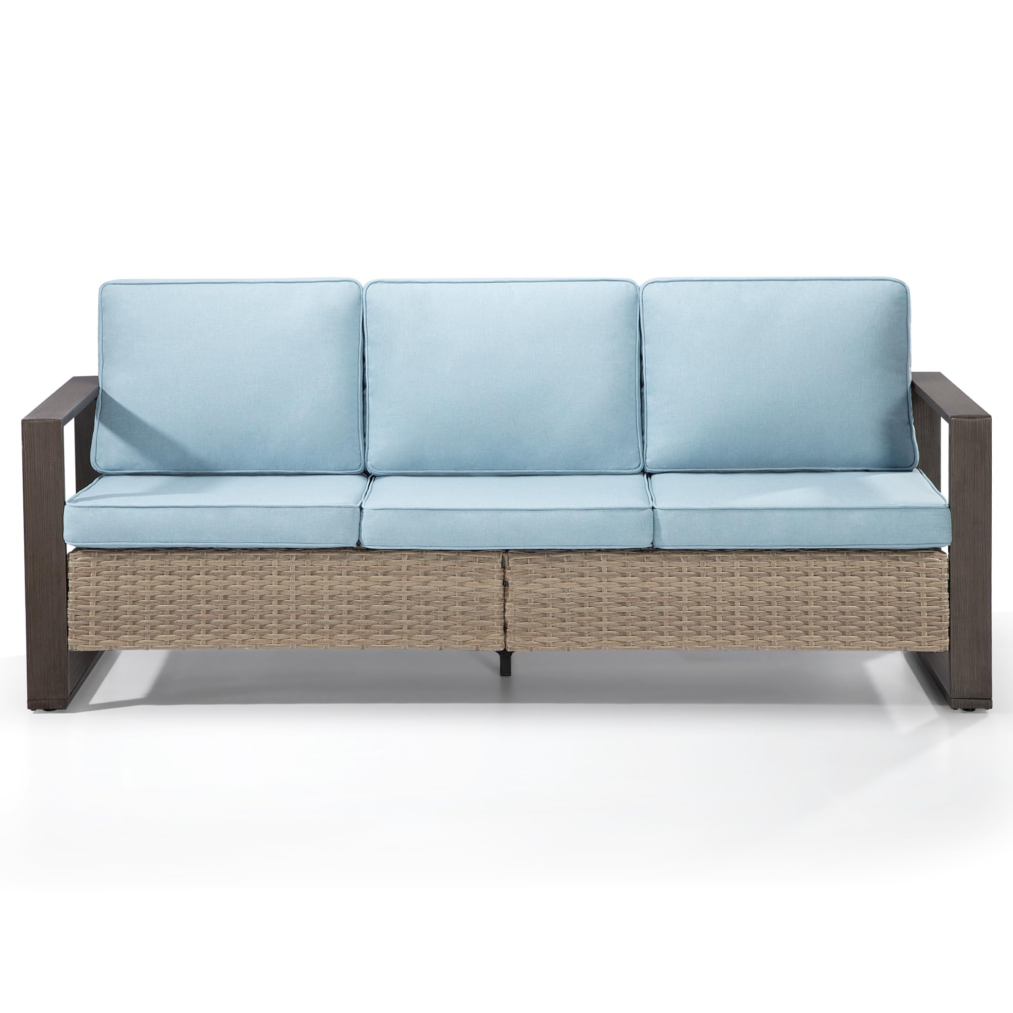 3-Seat Wicker Patio Sofa - Outdoor Deep Seating Couch with High Back, Steel Frame & Non-Slip Cushion (Light Blue) - Perfect for Garden, Poolside & Backyard Relaxation