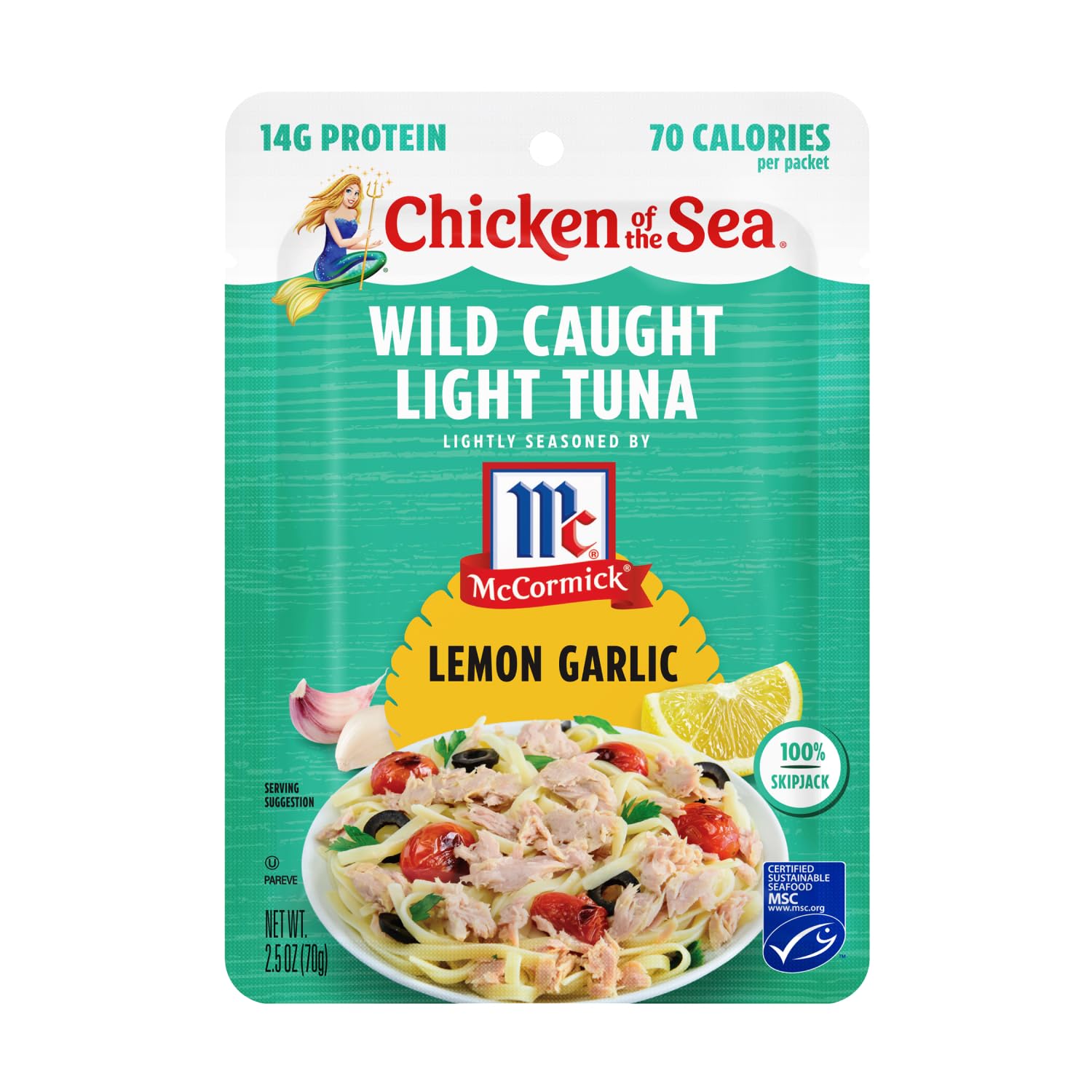 Chicken of the Sea Wild Caught Light Tuna in Lemon Garlic, 2.5 oz Pouch (Pack of 12) - Premium Canned Tuna for Salads, Sandwiches & Healthy Snacks