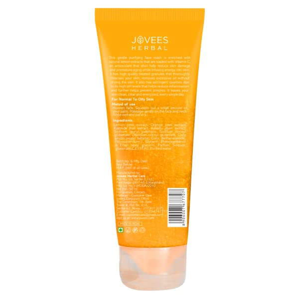 Jovees Herbal Lemon Face Wash with Lemon, Orange Peel & Kakadu Plum Extract - Deep Cleansing for Oily & Acne-Prone Skin, Reduces Dark Spots & Brightens Complexion (120ml) | Perfect for Daily Skincare Routine & Travel-Friendly Size
