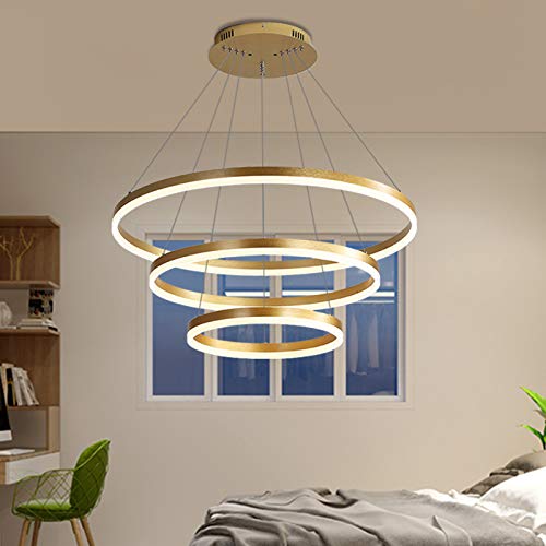 XINDAR Modern Gold Metal Round Chandelier - 3-Light Acrylic Diffuser Pendant Lighting Fixture for Dining Room, Kitchen Island & Bedroom | Warm White LED Hanging Ceiling Light