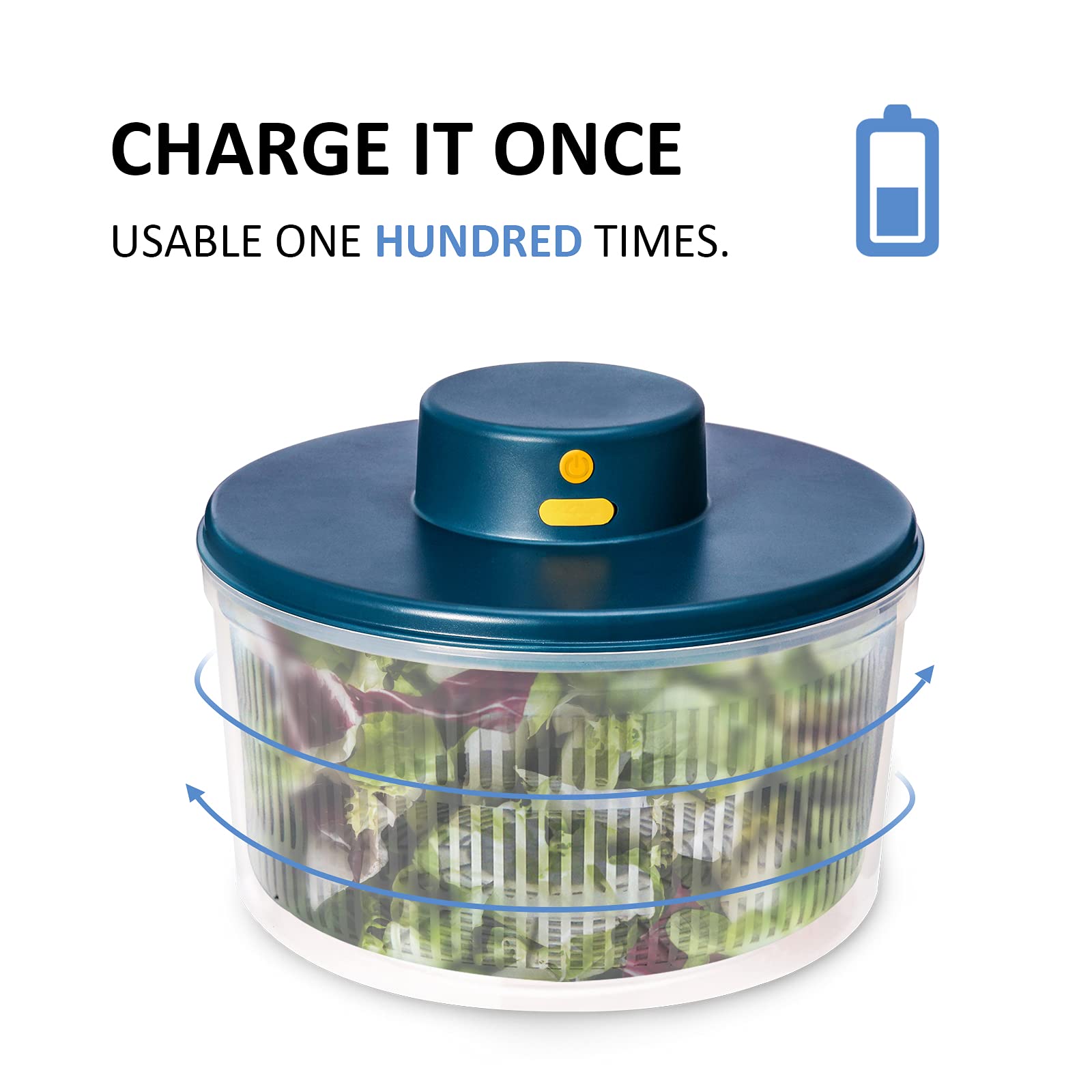 Electric Salad Spinner 3L - Compact Lettuce & Vegetable Dryer with Easy Drain System | USB Rechargeable, BPA-Free | Perfect for Kitchen, Meal Prep & Healthy Eating