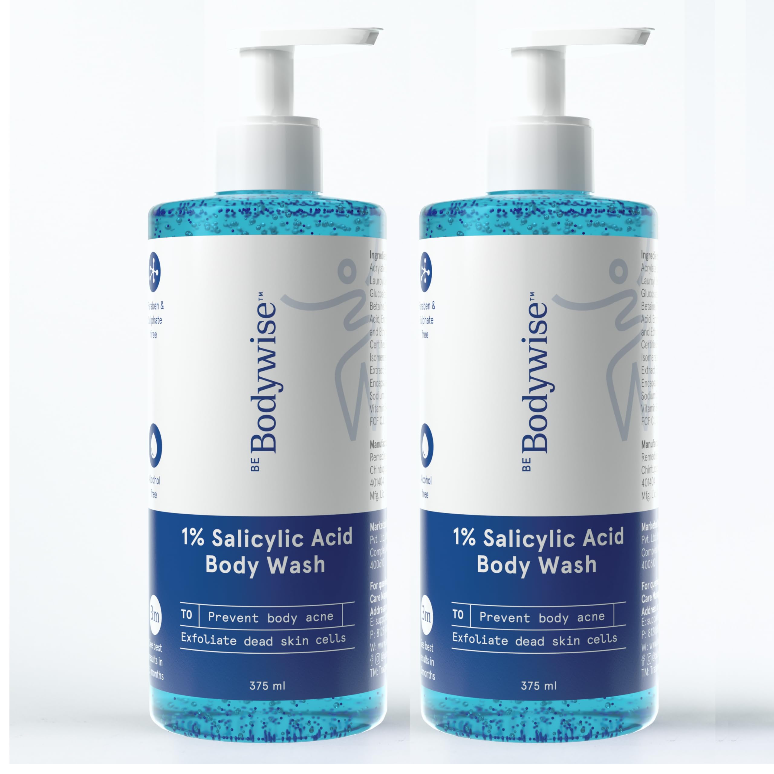 Be Bodywise 1% Salicylic Acid Body Wash 750ml (Pack of 2) - Acne-Fighting Shower Gel for Clear Skin | Paraben & SLS Free | Helps Prevent Body Acne & Exfoliates Dead Skin Cells | Perfect for Daily Use in Gym, Post-Workout & Sensitive Skin Care Routine