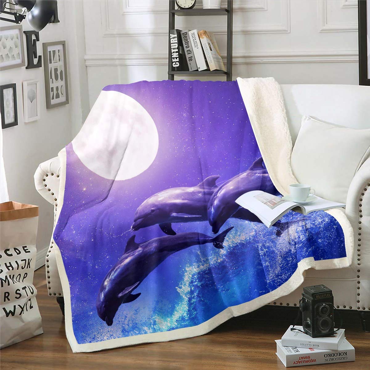 **Premium Sherpa Fleece Throw Blanket - Ocean Dolphin & Hawaiian Sea Creatures Design, Ultra Soft Plush Blanket for Couch, Sofa & Bed (87