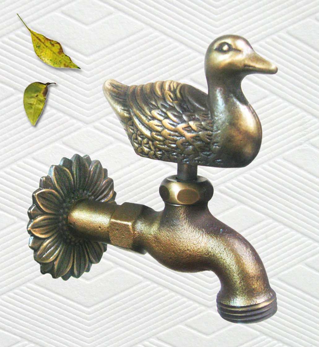 Antique Brass Duck Shaped Outdoor Garden Faucet - Vintage Style Spigot for Patio, Yard & Farmhouse Decor | Perfect for Garden Watering, Birdbaths & Rustic Landscaping