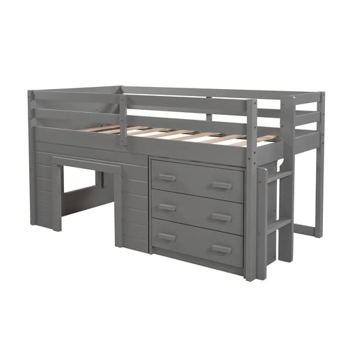 Solid Wood Twin Loft Bed with Storage Drawers, Cabinet & Shelf - Low Profile Wooden Loft Bed for Kids, Teens & Adults (Gray) - Space-Saving Bedroom Solution for Small Rooms, Dorms & Apartments
