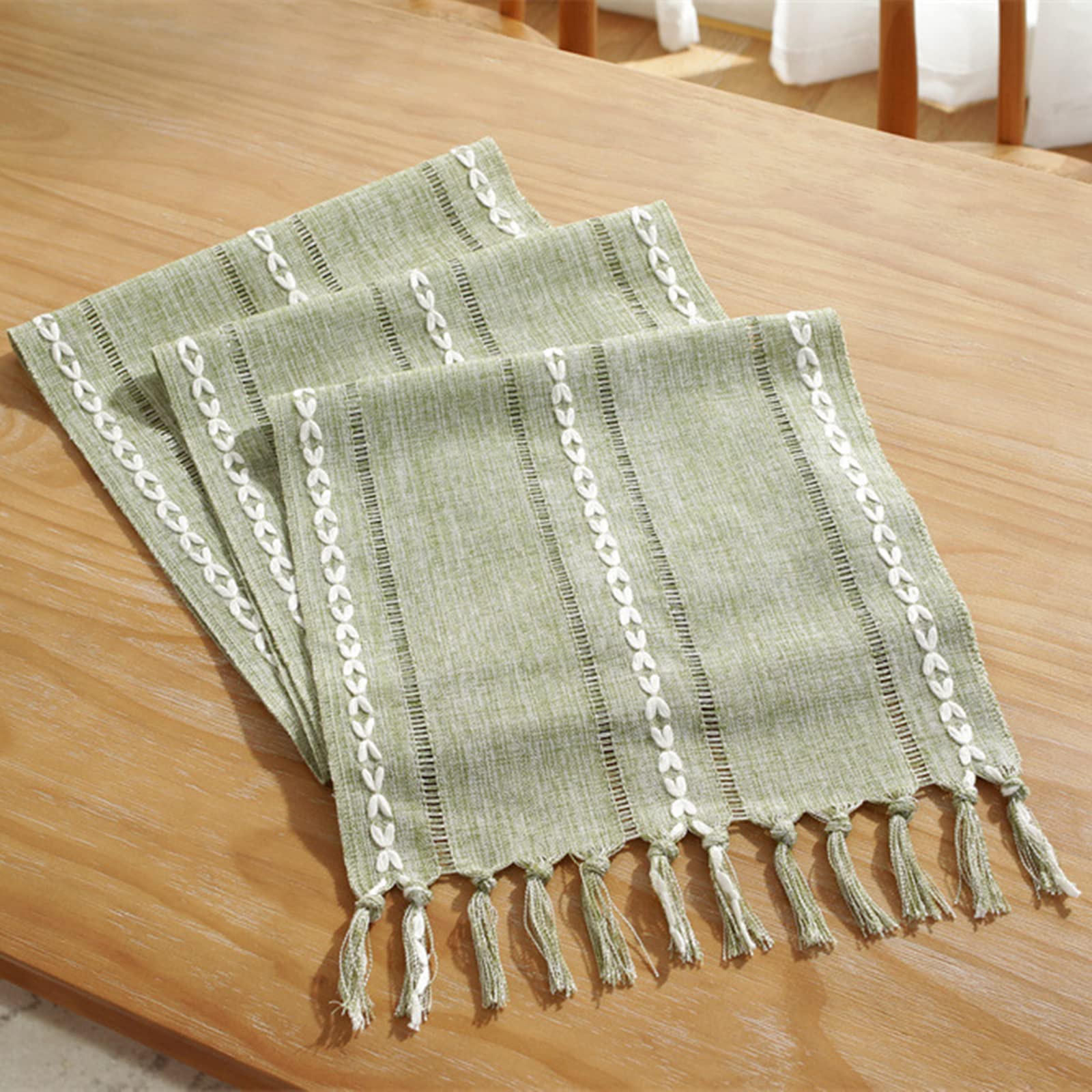 Jeloris Braided Striped Table Runner - Farmhouse Cotton Linen Tablecloth with Tassels - 12 x 108 Inch Green Decorative Table Scarf for Christmas, Kitchen, Dining Room, Wedding & Party Decorations - Perfect for Holiday Gatherings and Home Decor
