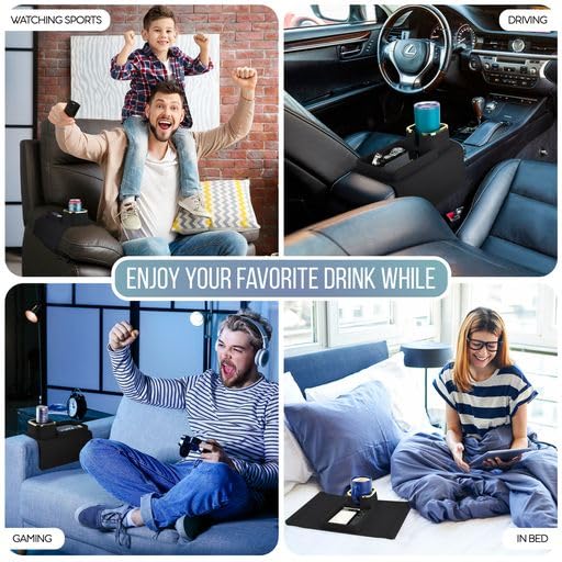 **Black Silicone Couch Cup Holder Tray with Remote Storage - Armrest Coffee Mug Holder for Sofa, Recliner & Couch - Perfect for Watching TV, Gaming & Relaxing**