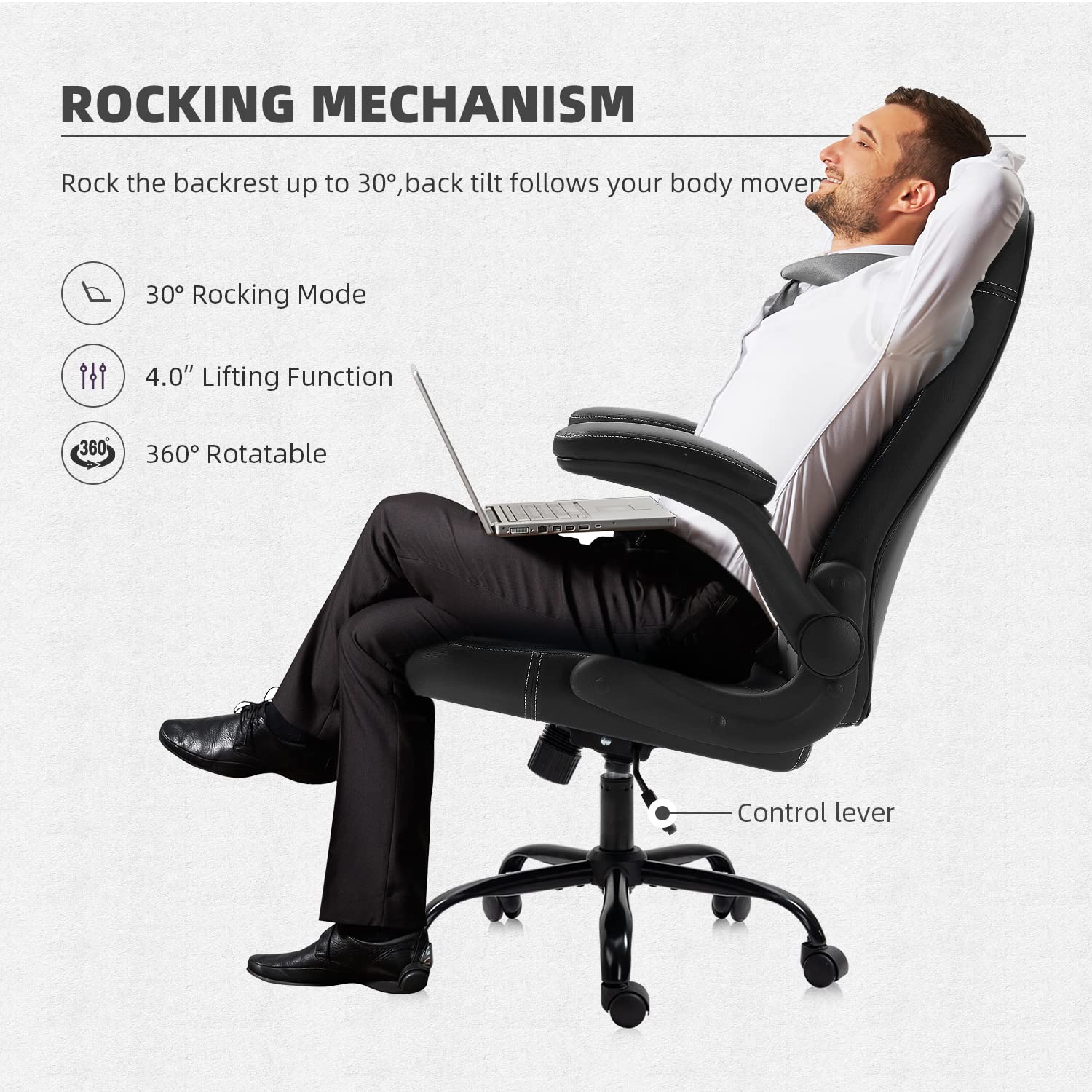 Premium Black Leather Executive Office Chair with Wheels & Adjustable Arms - Ergonomic Computer Desk Chair for Adults, Home & Office Use
