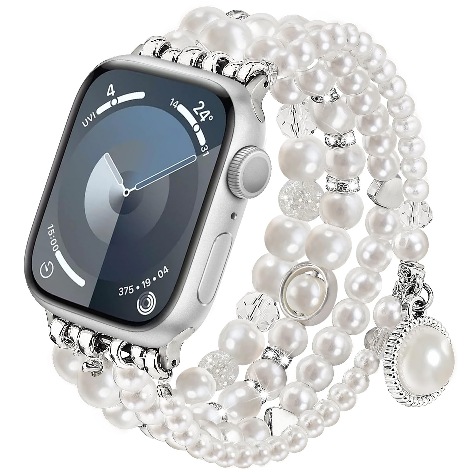 V-MORO Stretchy Pearl Bracelet Band for Apple Watch 38/40/41/42/44/45mm - Rose Gold Fashion Jewelry Strap Compatible with iWatch Series 9/8/7/6/5/4/3/2/1/SE - Elegant Accessory for Women, Perfect for Work, Parties & Special Occasions