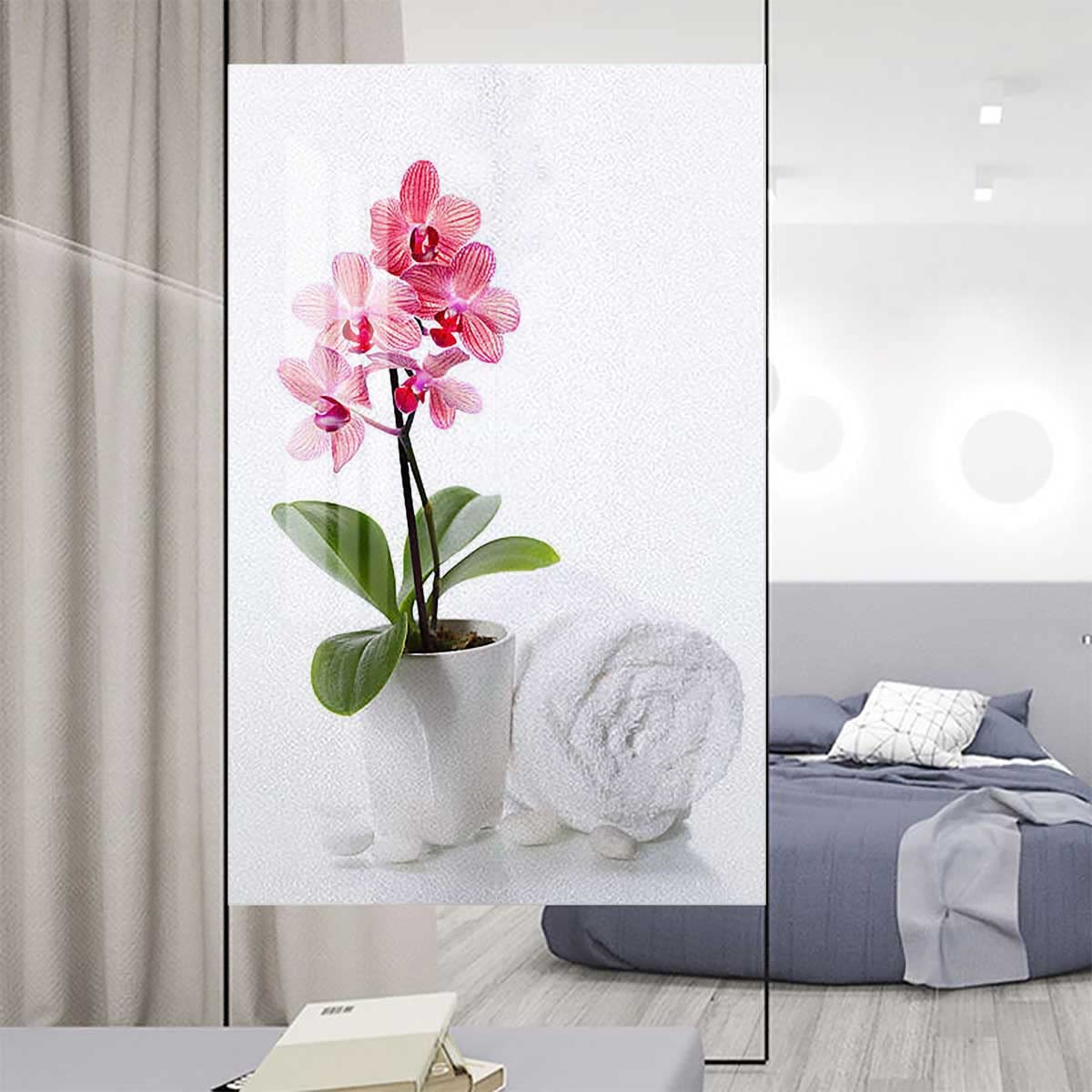 Decorative Window Privacy Film - Heat Control Vinyl Glass Tint with Orchid & Rock Water Design, 23.6