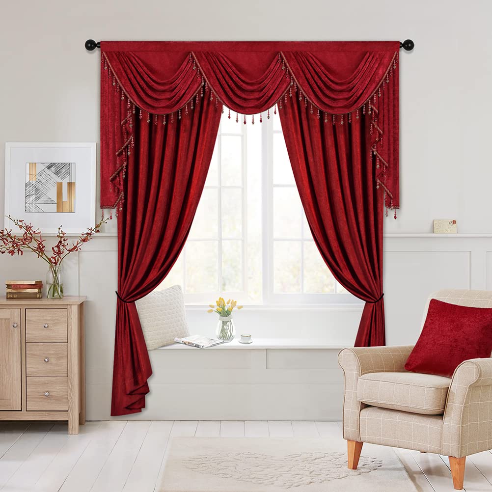 ELKCA Burgundy Red Chenille Window Curtains - Double-Sided Thermal Insulated Blackout Drapes for Living Room, Bedroom - 52