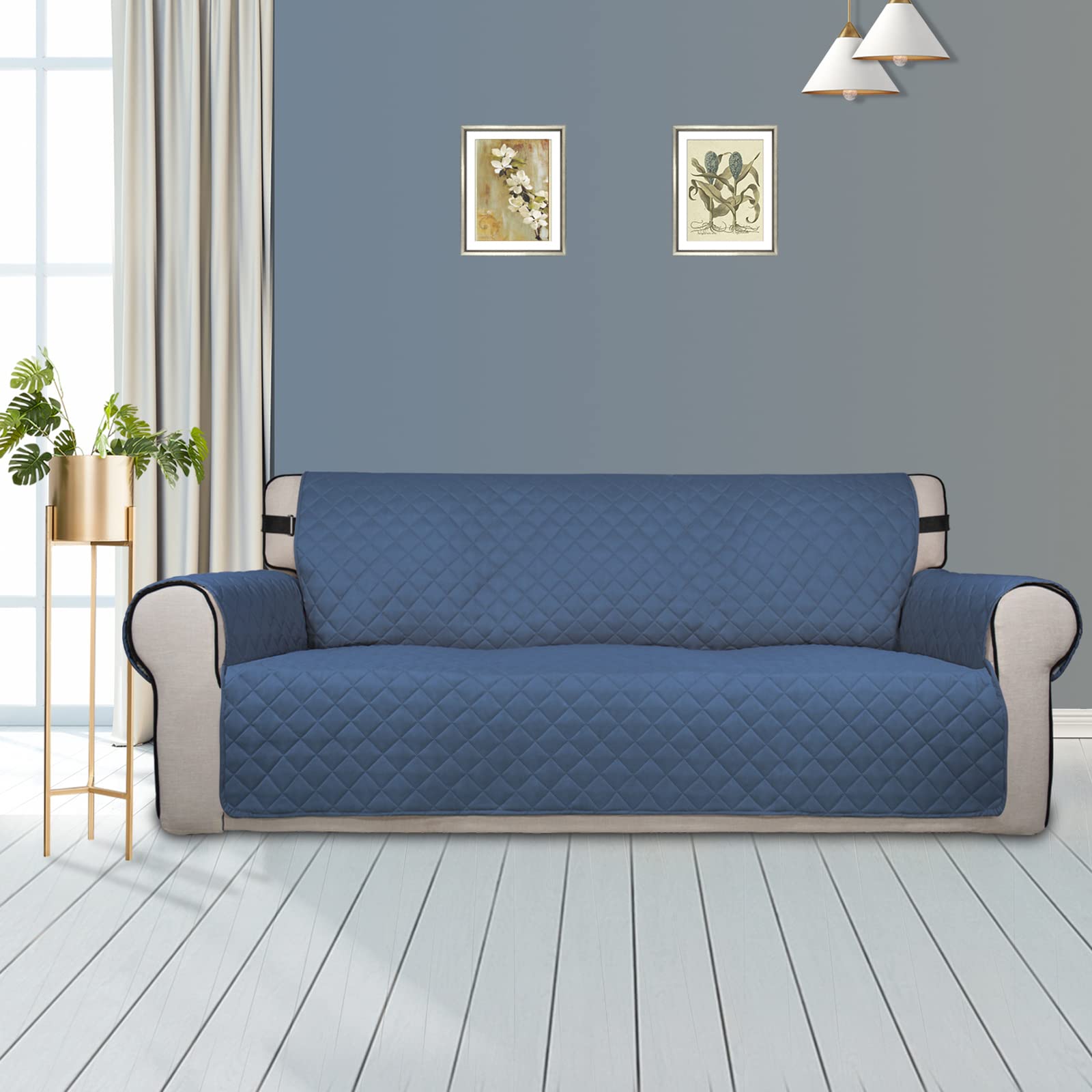 PureFit Reversible Water-Resistant Sofa Cover for 3-Cushion Couches | Washable Pet-Friendly Furniture Protector with Non-Slip Foam & Adjustable Straps | Dark Blue/Light Blue Oversized Sofa Cover | Perfect for Homes with Dogs, Pets or Kids