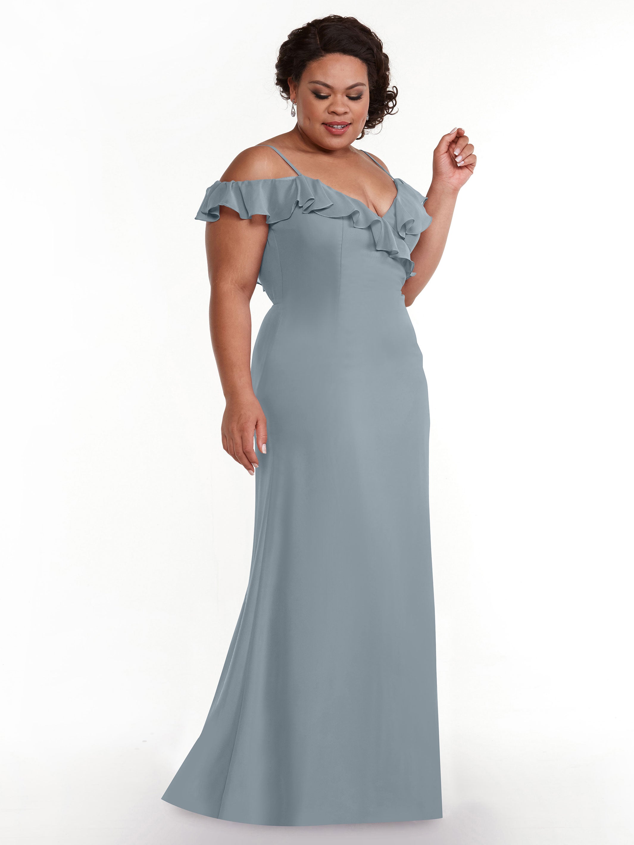 Elegant 80172 Chiffon Off-The-Shoulder A-Line Bridesmaid Dress with Ruffled Neckline - Perfect for Weddings, Formal Events & Evening Parties