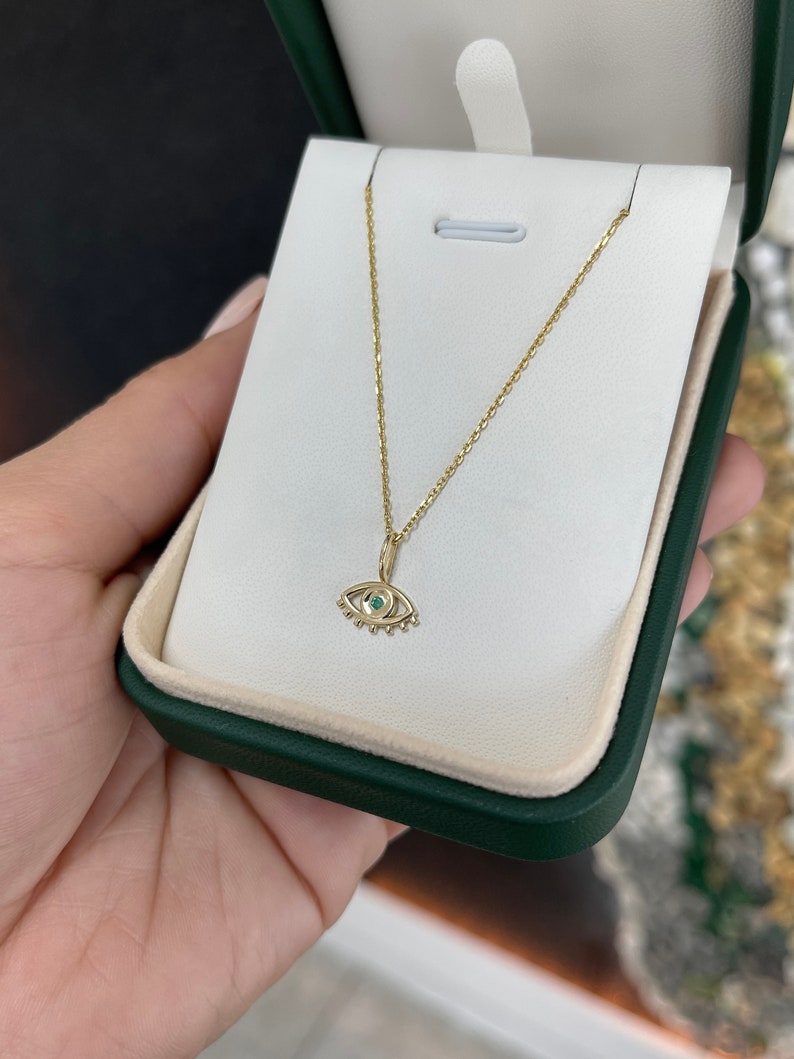 0.10 Carats Round Cut Genuine Emerald Evil Eye Pendant Necklace in 14K Solid Gold - Protection Jewelry for Women, Gift for Her, Spiritual & Fashion Accessory